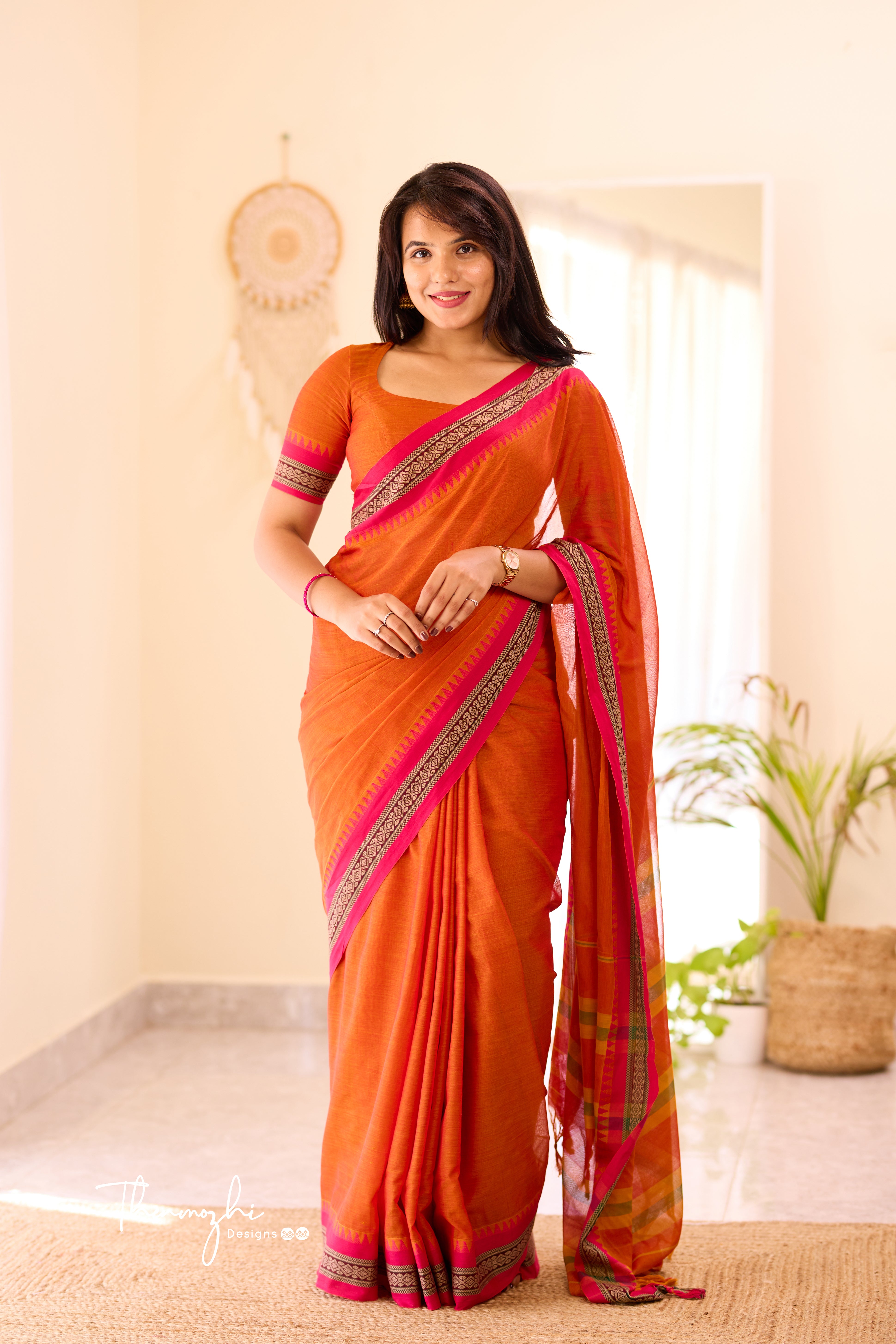 Orange Narayanpet Temple Border Saree