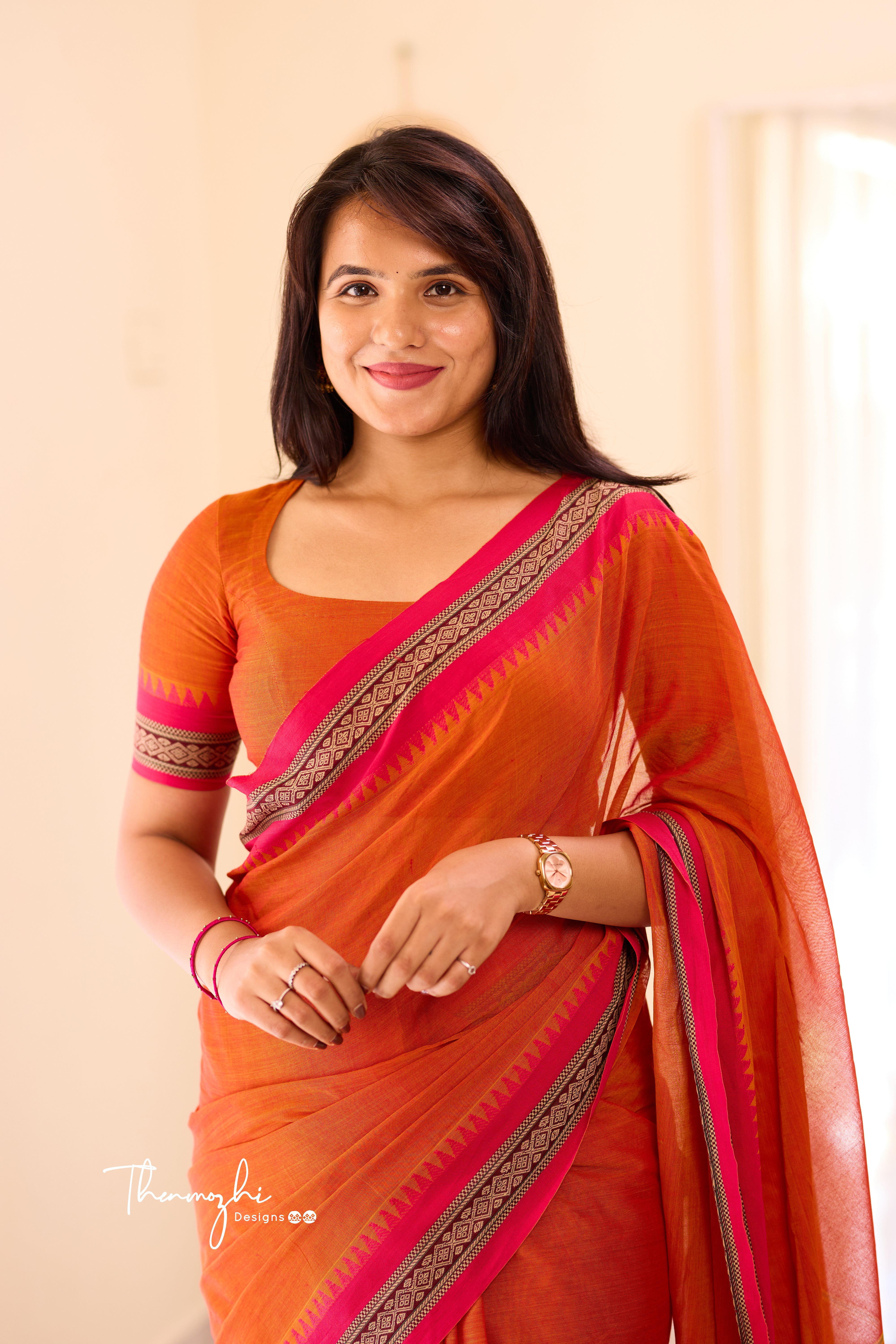 Orange Narayanpet Temple Border Saree