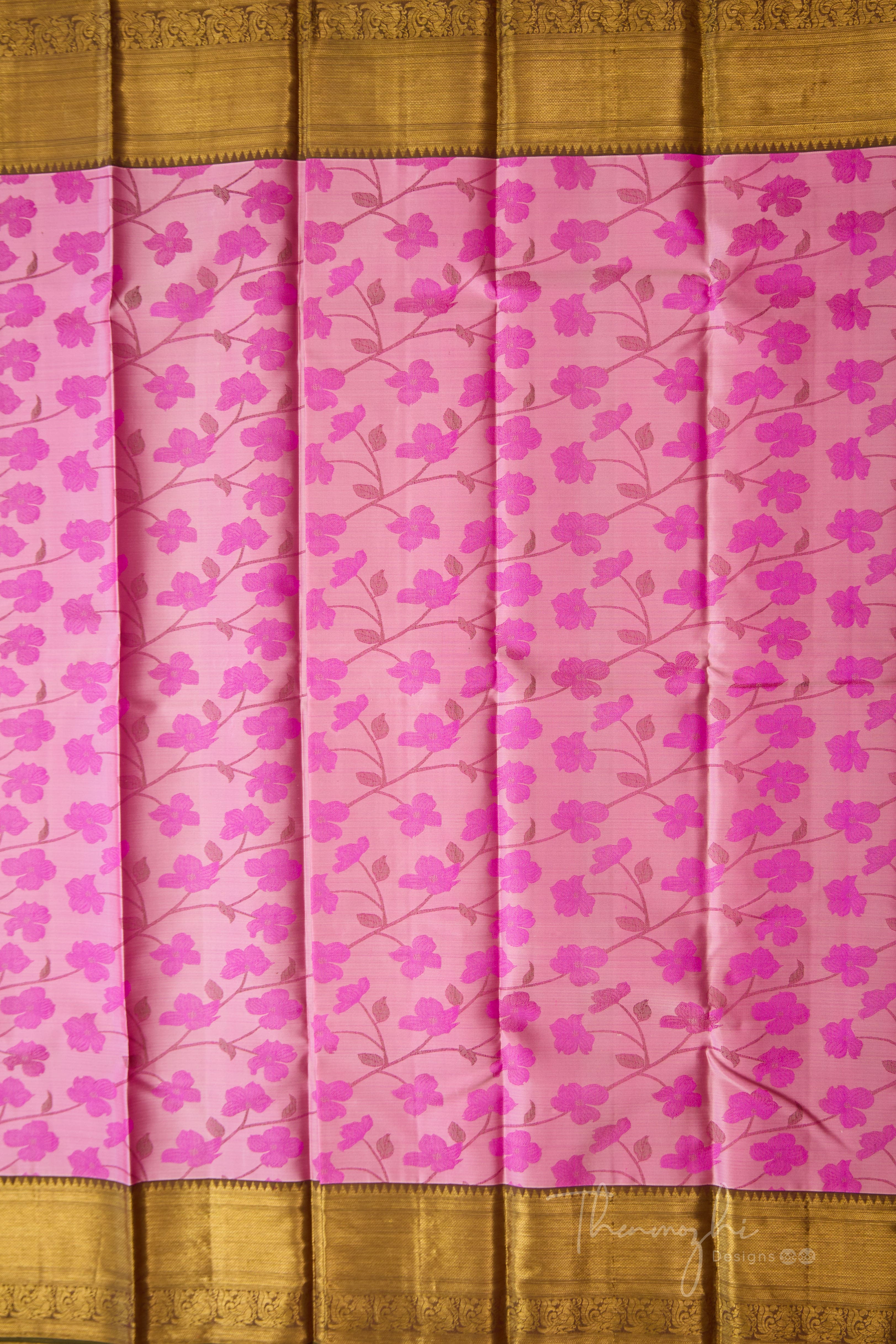 Onion Pink Floral Pure Silk Saree (Green Border)