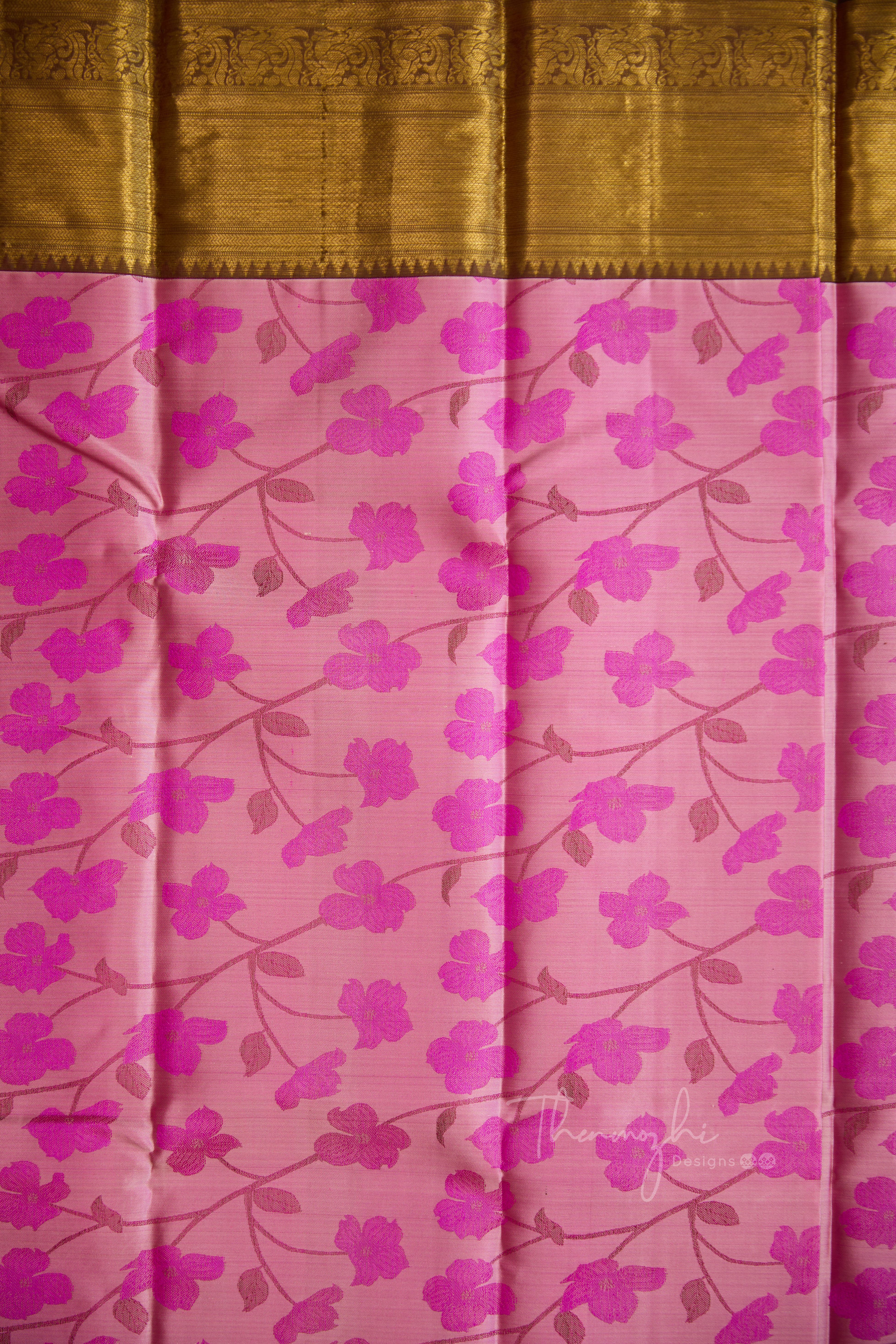 Onion Pink Floral Pure Silk Saree (Green Border)