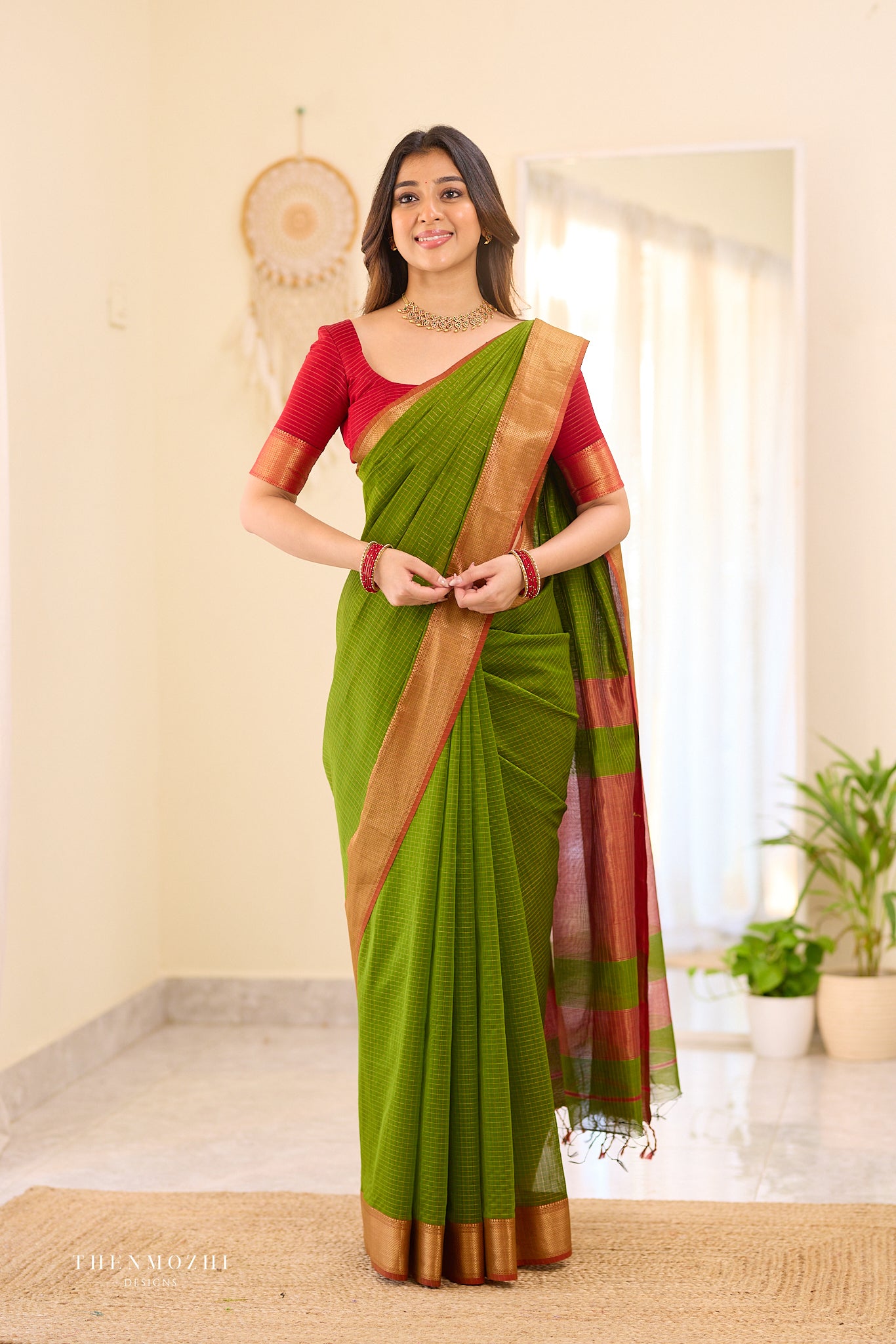 Leafy Green checked Maheshwari silk cotton saree
