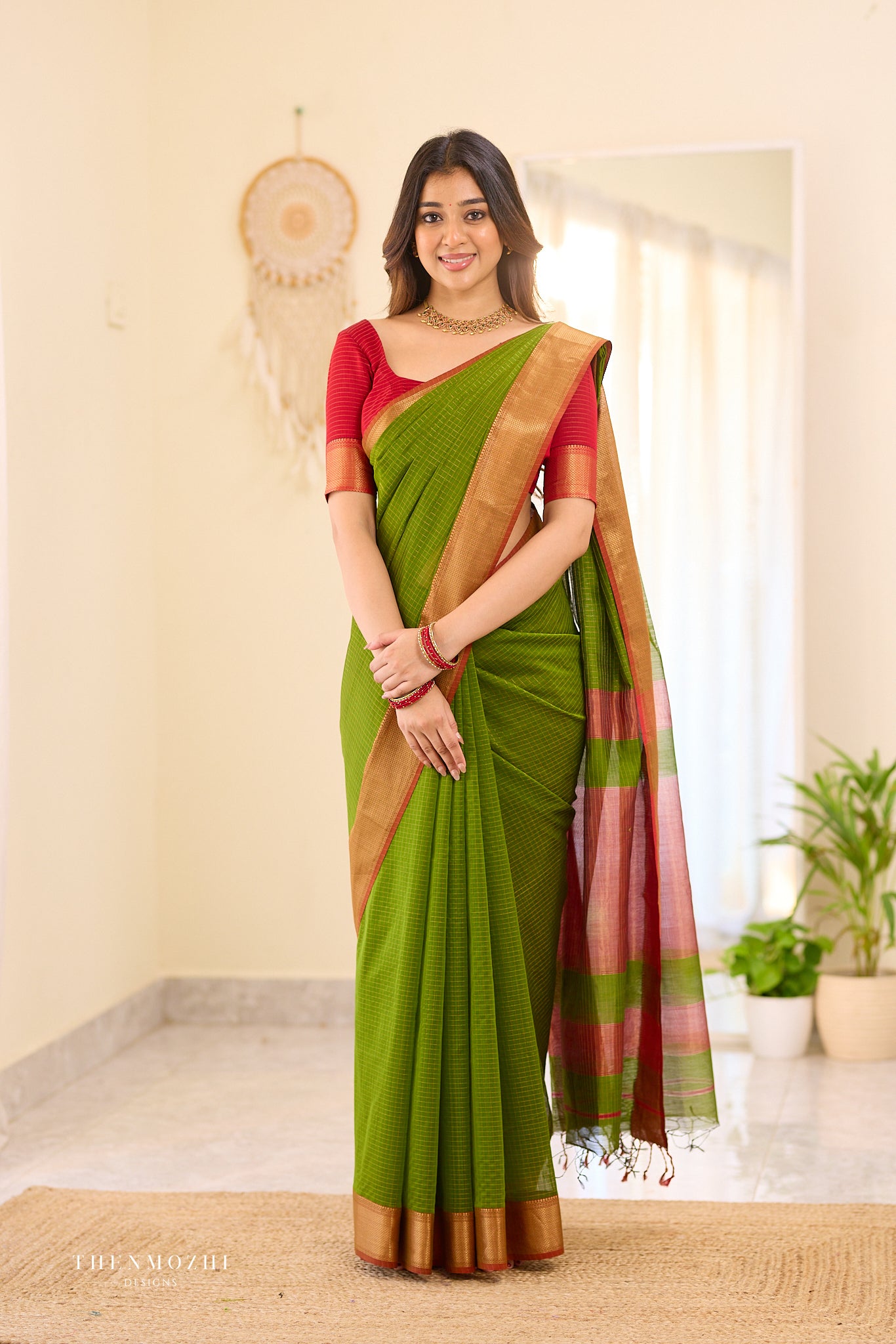 Leafy Green checked Maheshwari silk cotton saree