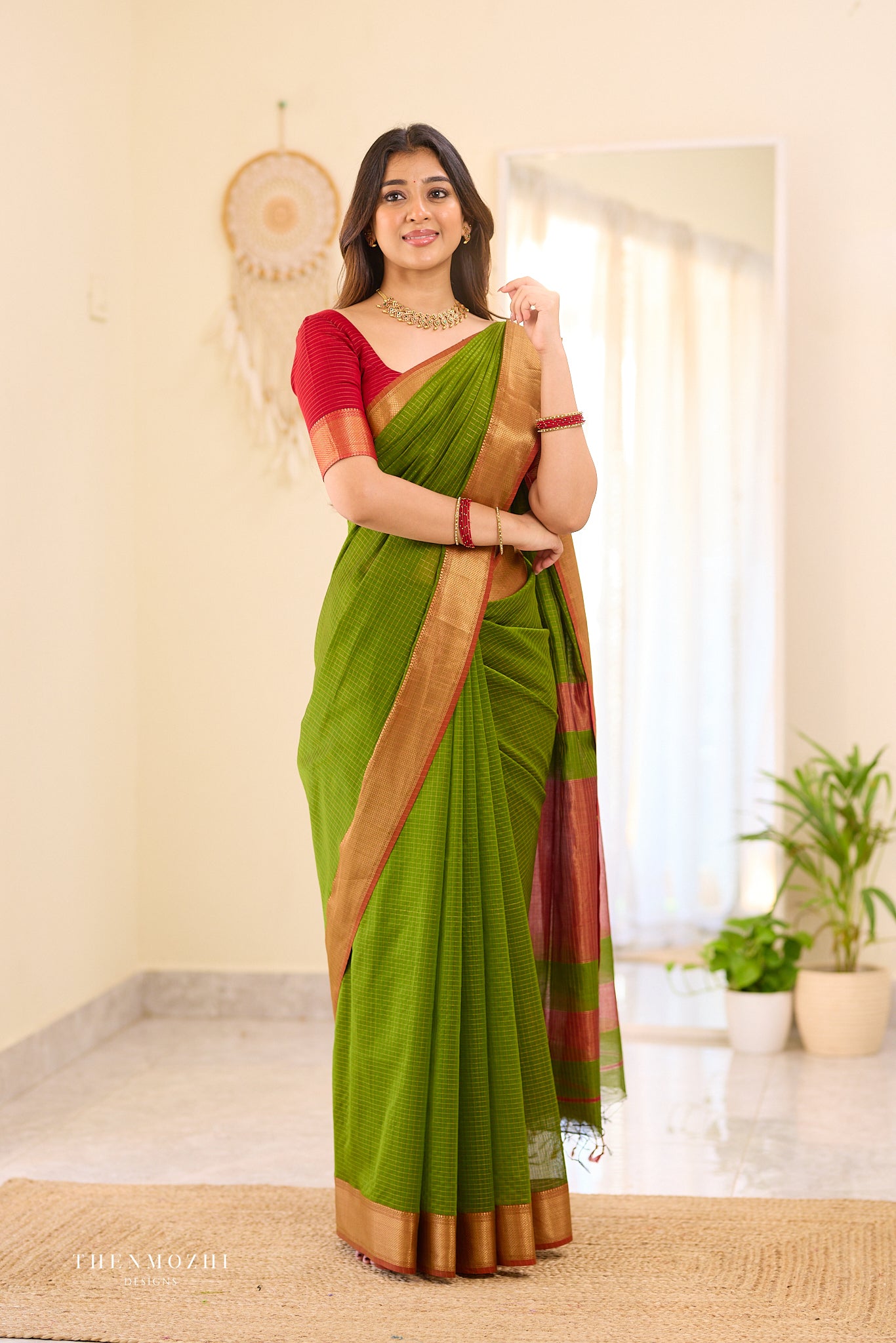 Leafy Green checked Maheshwari silk cotton saree