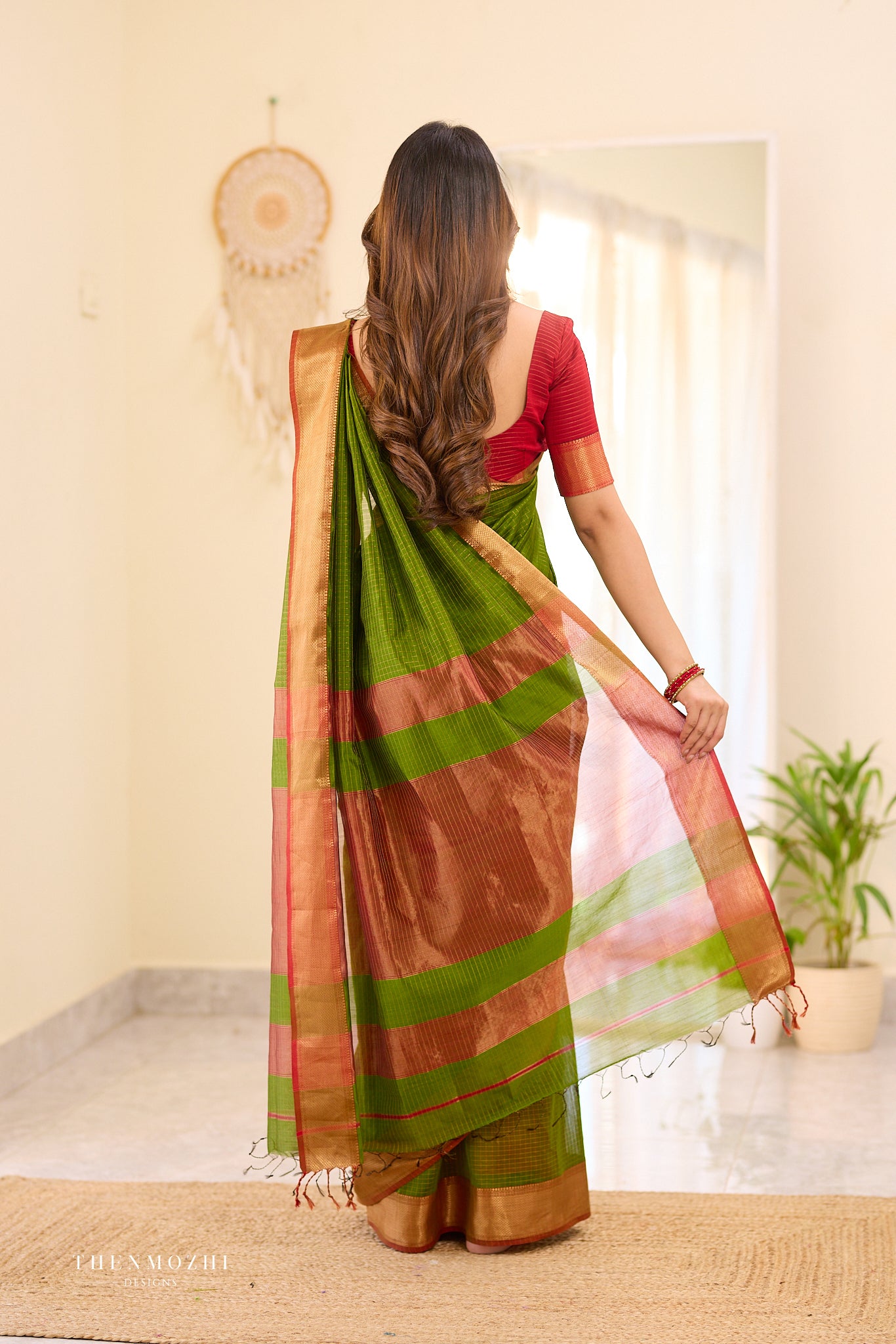 Leafy Green checked Maheshwari silk cotton saree