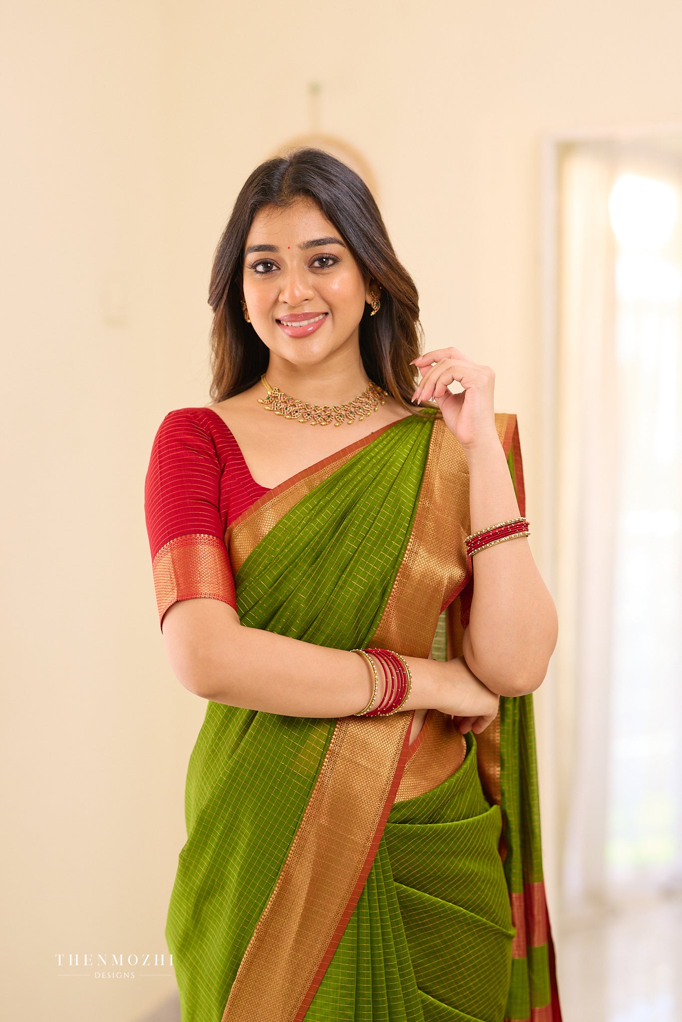 Leafy Green checked Maheshwari silk cotton saree
