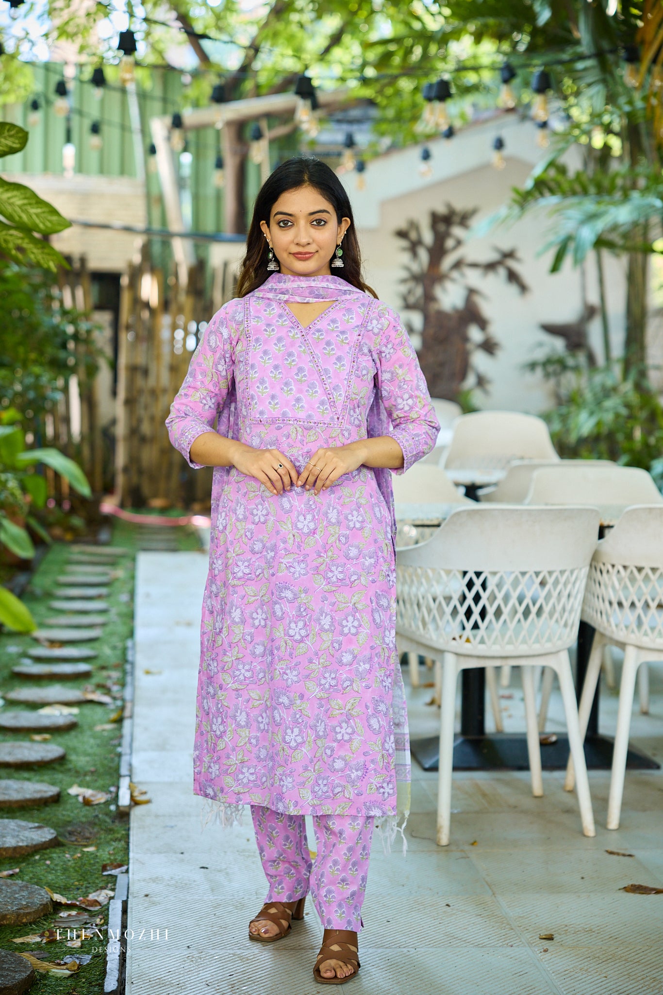Light Lavender Floral Block Printed Cotton Suit Set with Kota Dupatta