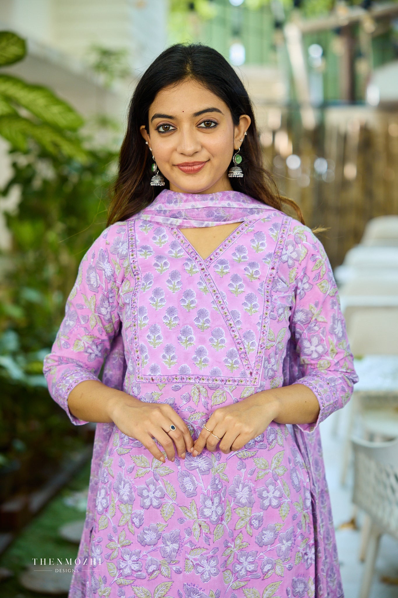 Light Lavender Floral Block Printed Cotton Suit Set with Kota Dupatta