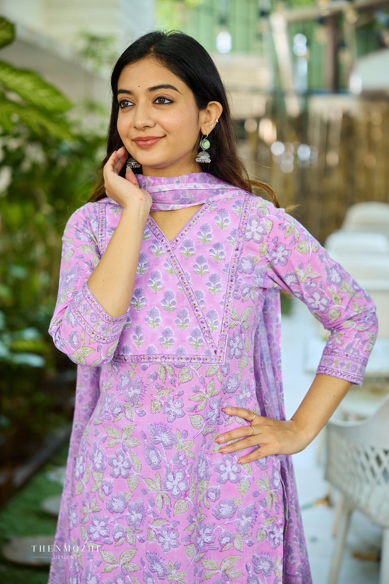 Light Lavender Floral Block Printed Cotton Suit Set with Kota Dupatta