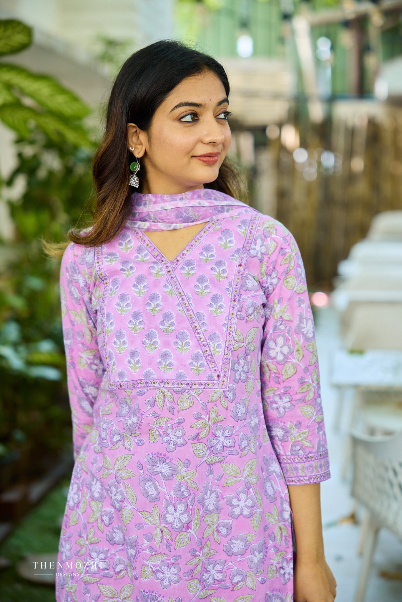 Light Lavender Floral Block Printed Cotton Suit Set with Kota Dupatta