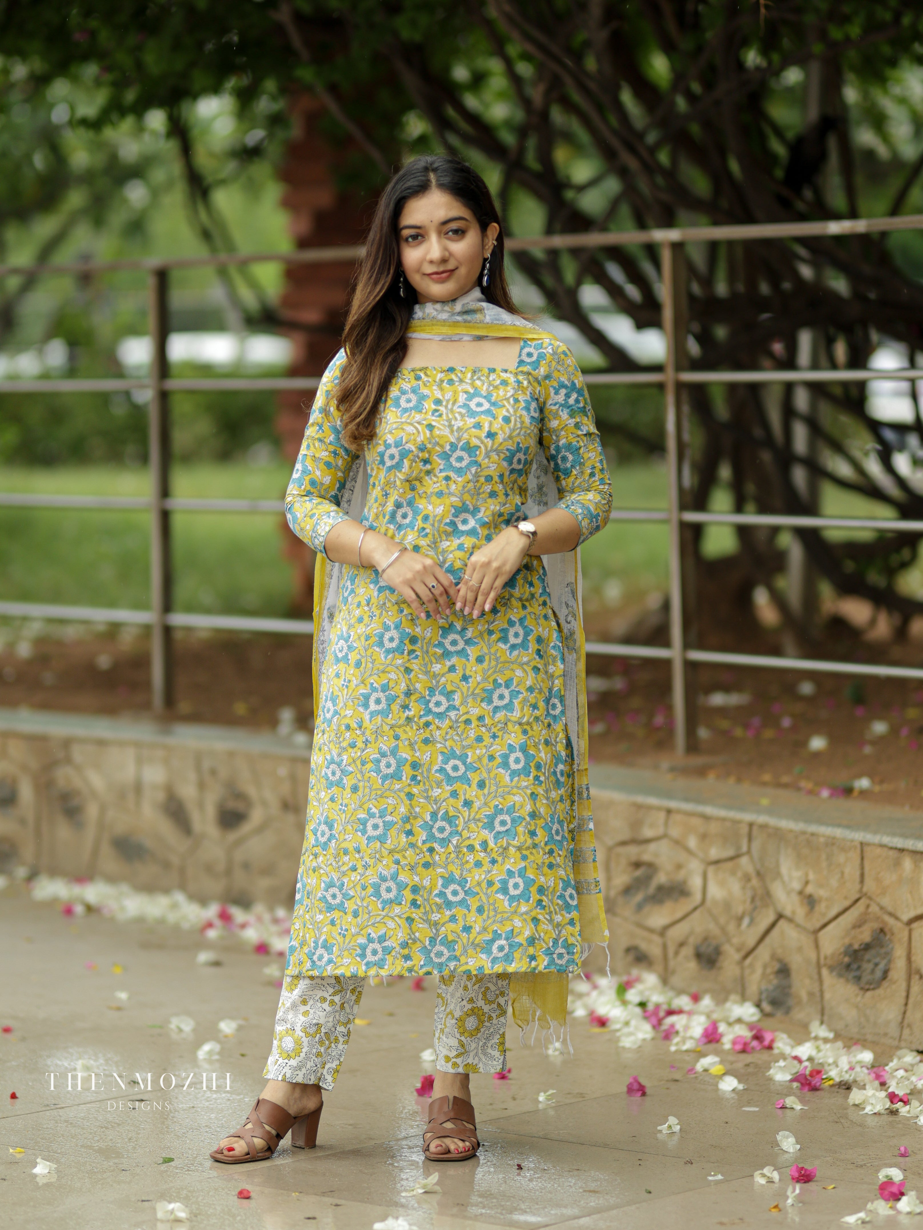 Light Yellow blue Floral Block Print suit set