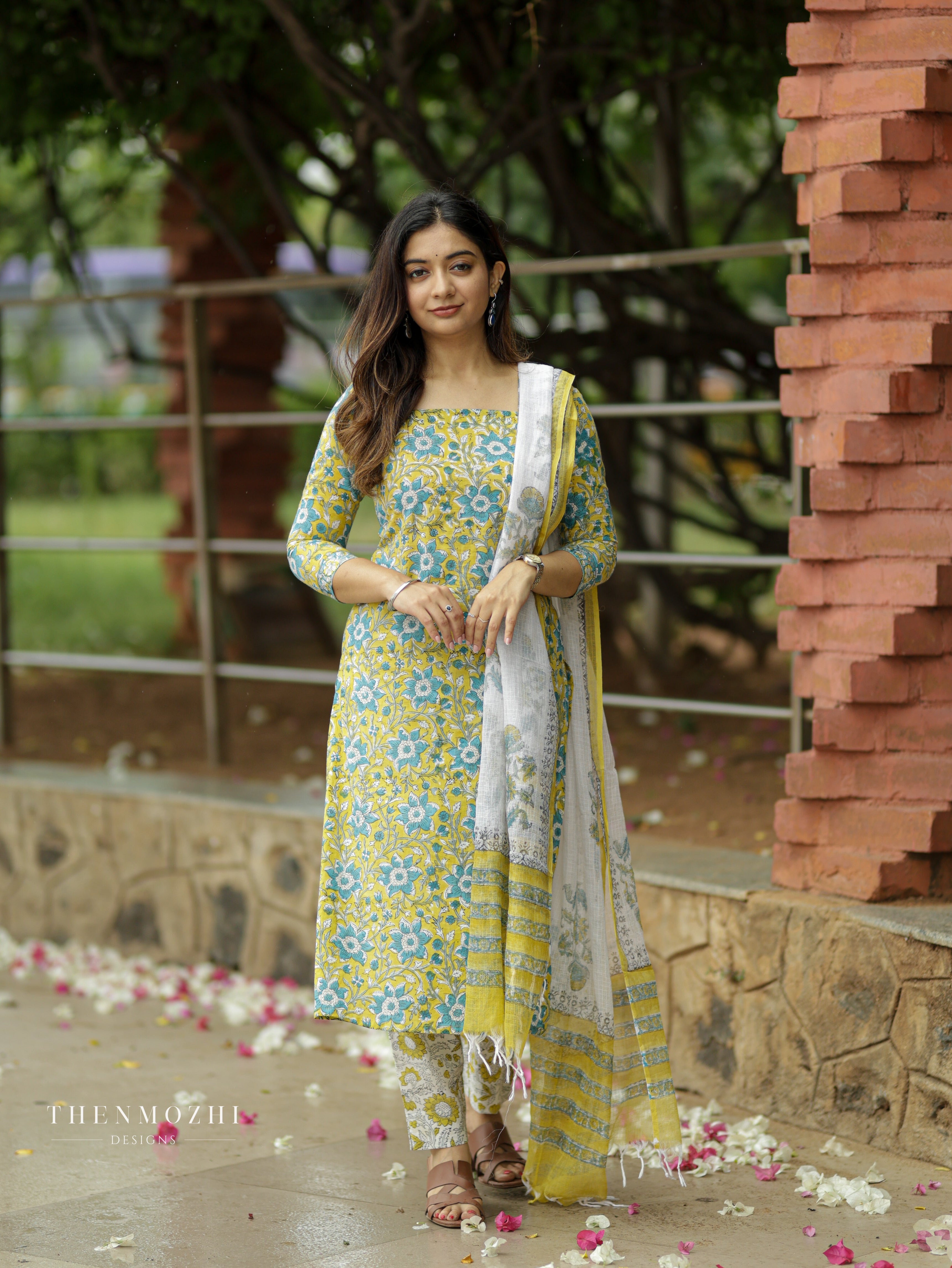 Light Yellow blue Floral Block Print suit set