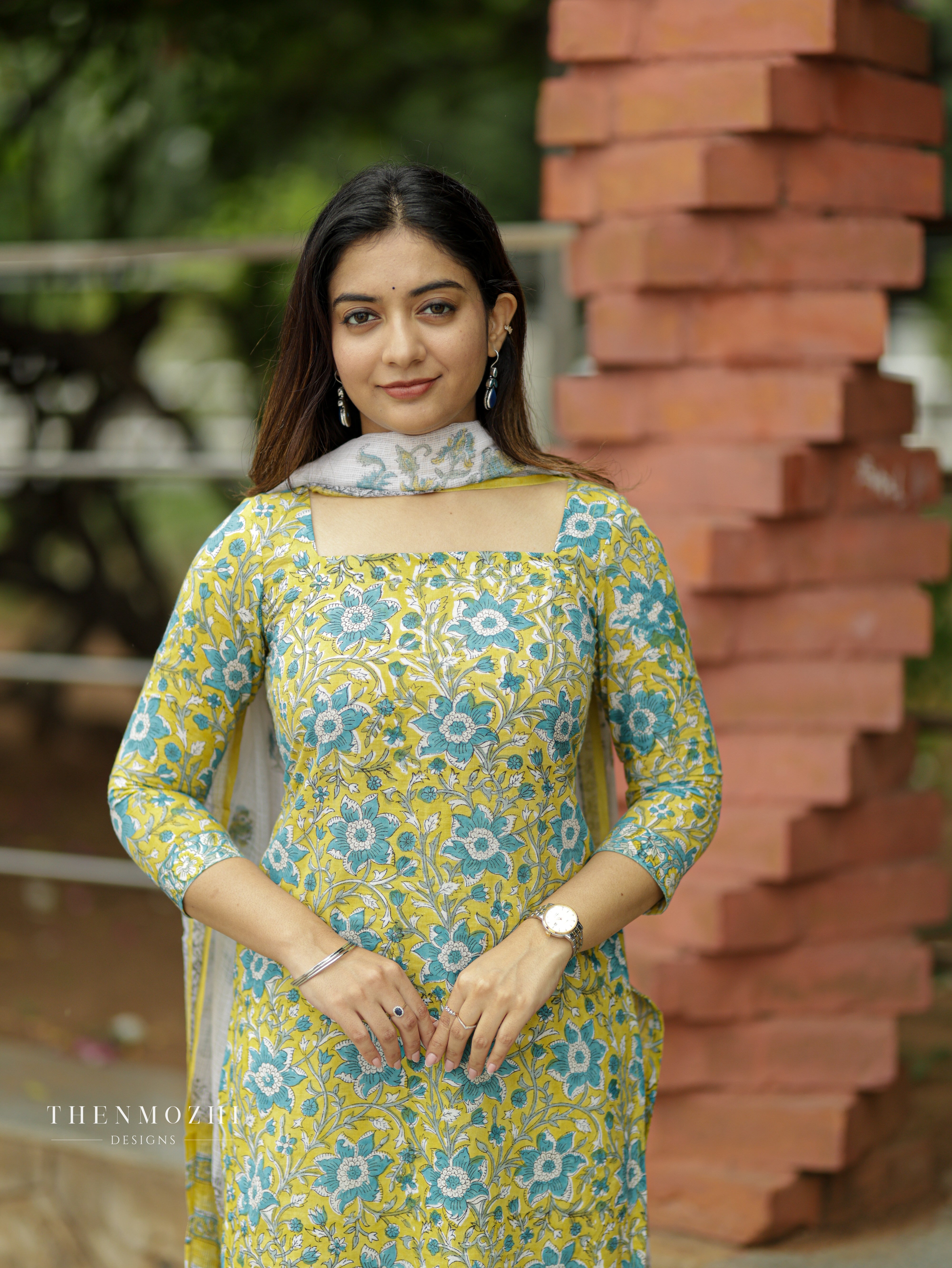 Light Yellow blue Floral Block Print suit set