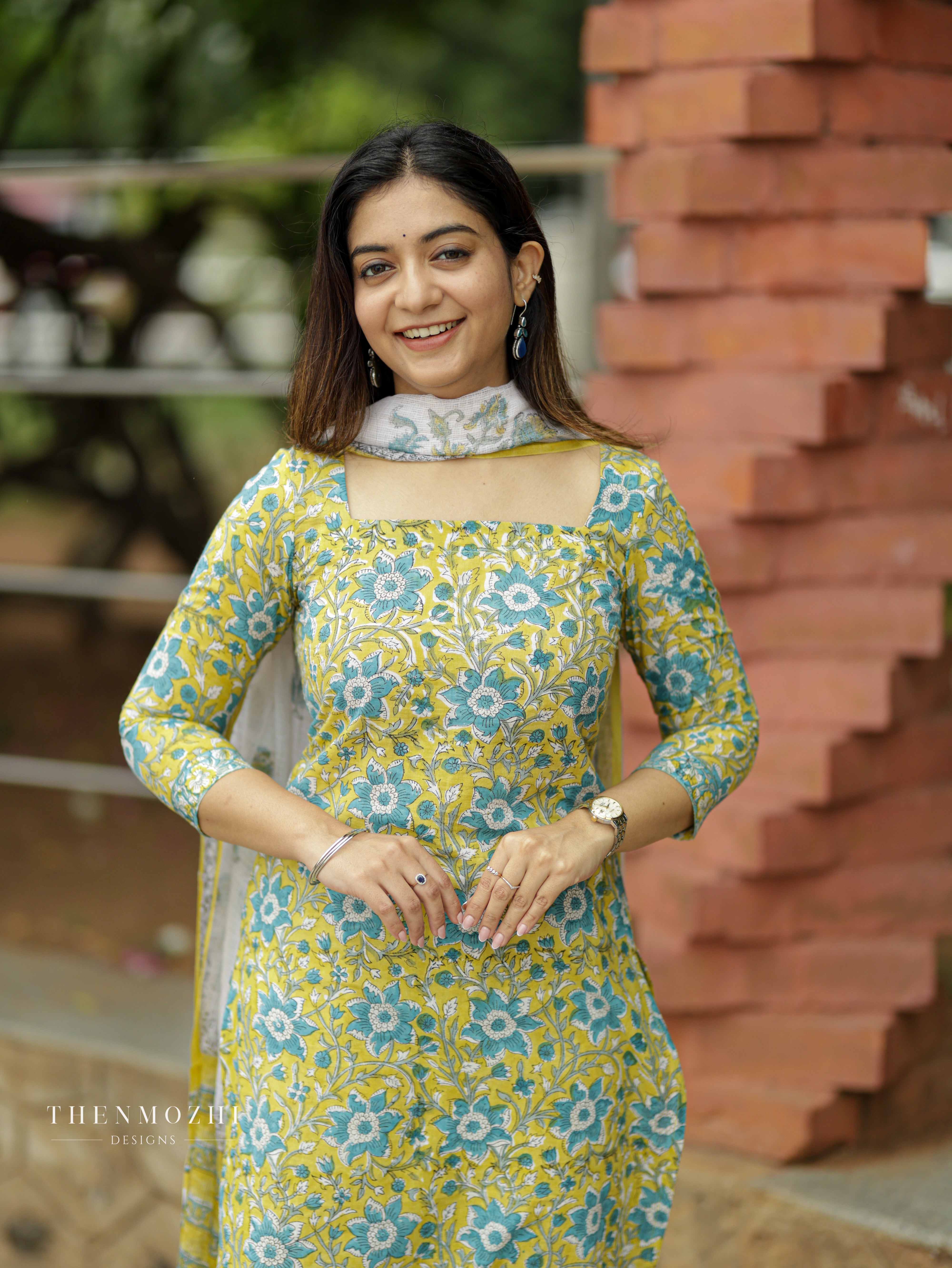Light Yellow blue Floral Block Print suit set
