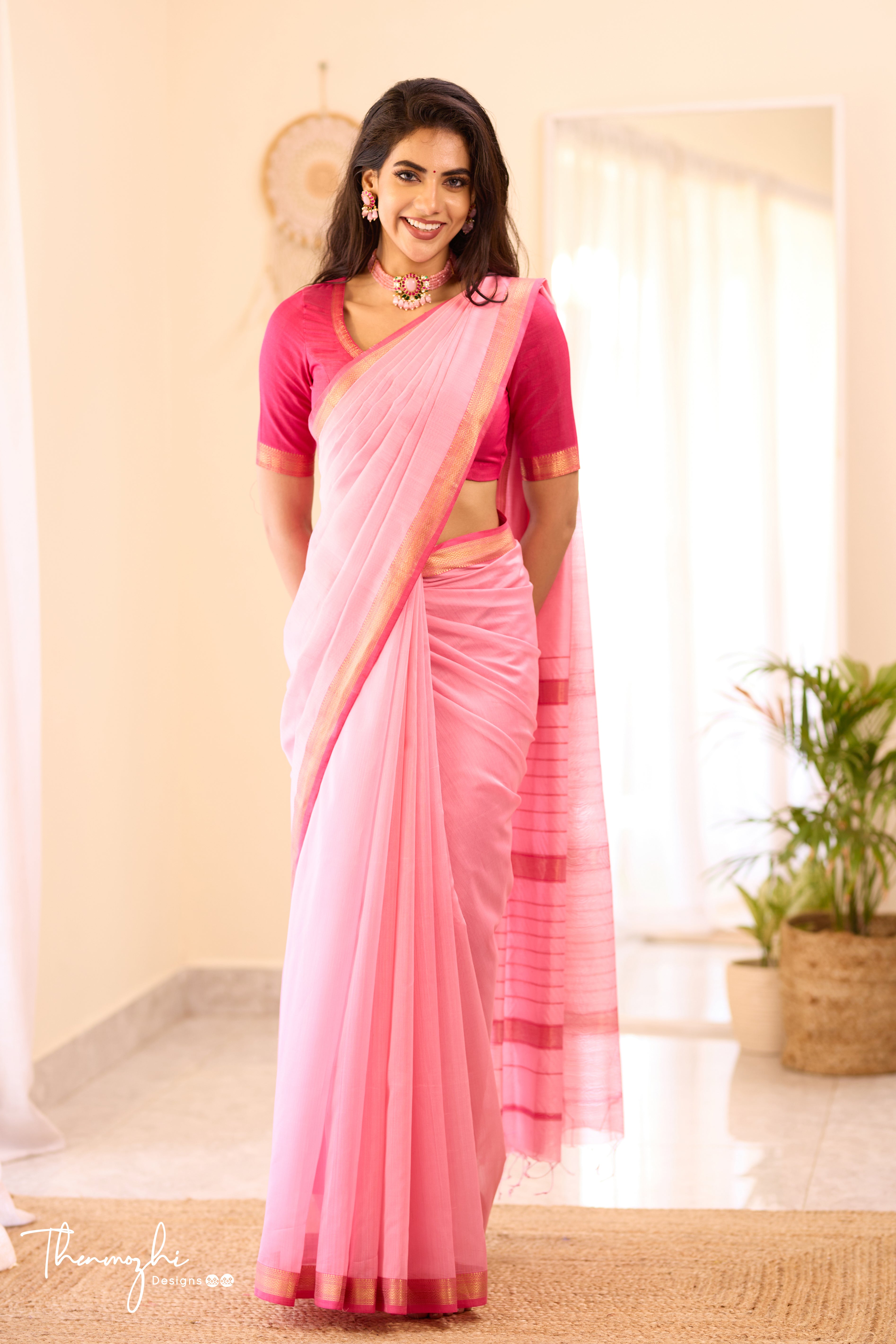 Light Pink Maheshwari Silk Cotton with Dark pink small border