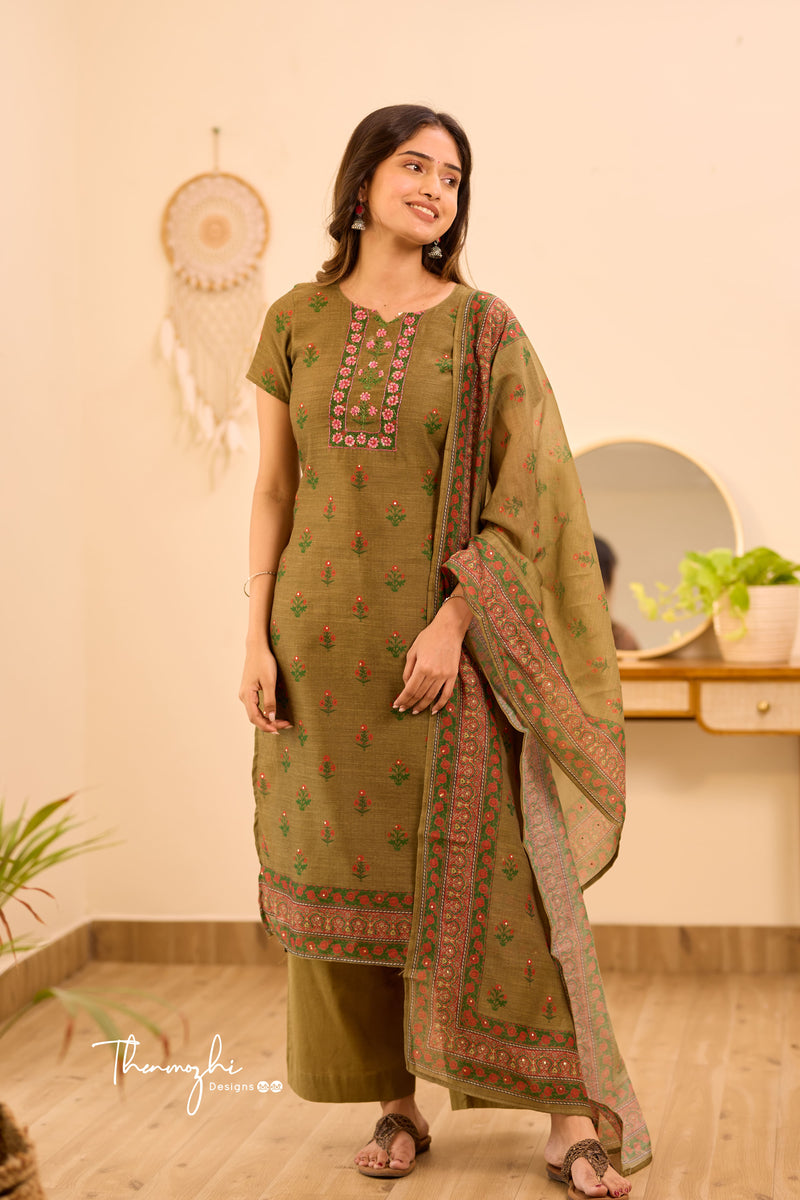 Dusty Green Floral Embroidered Festive Pant Style Suit