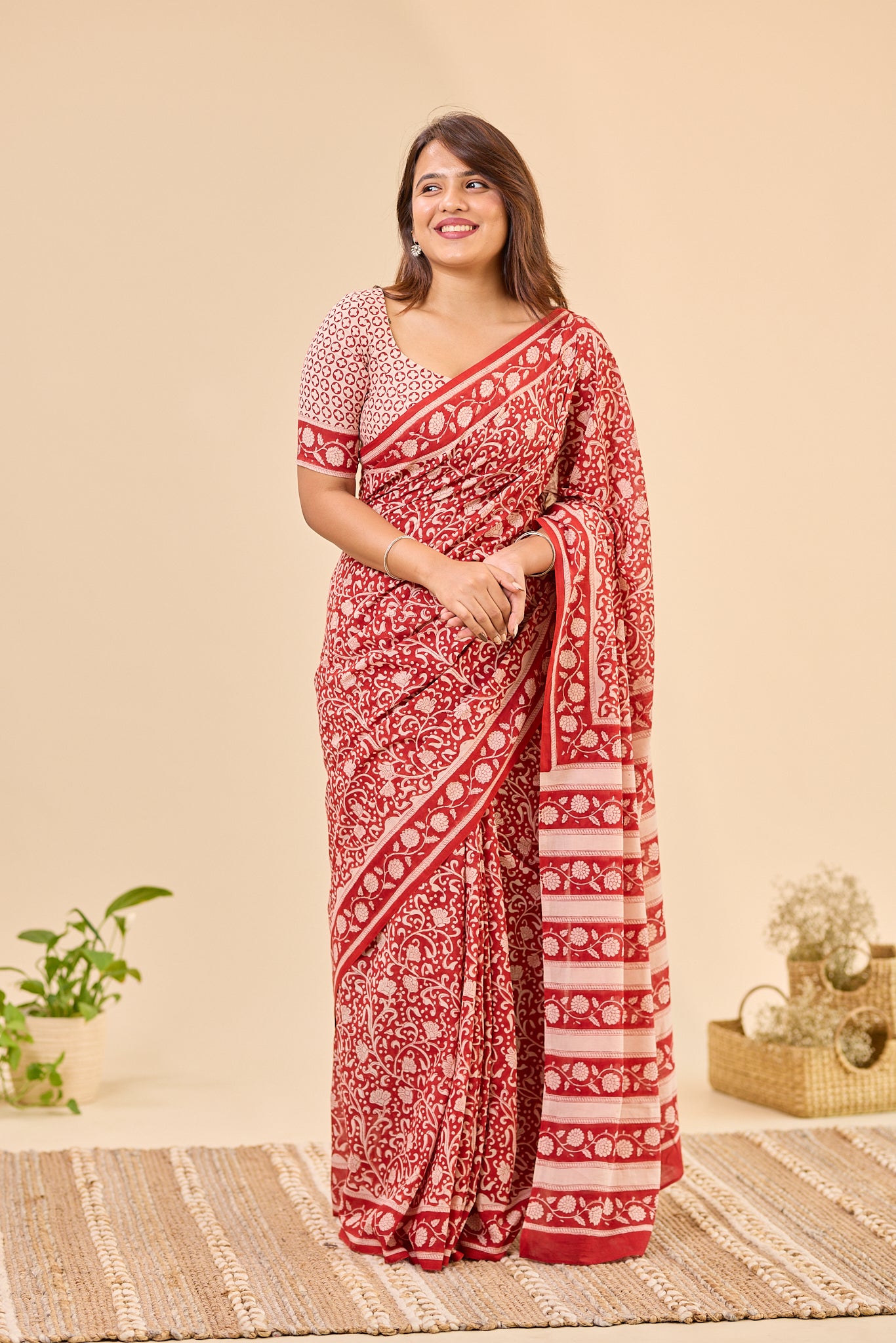 Maroon & Ivory Traditional Bagru Handblock Printed Mul Cotton Saree