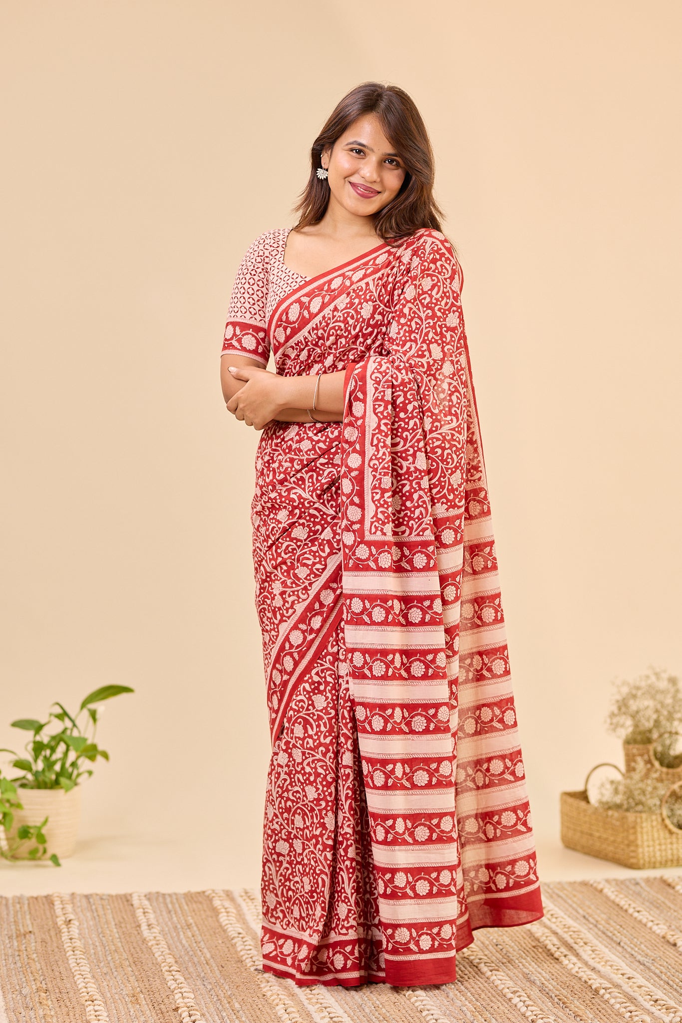 Maroon & Ivory Traditional Bagru Handblock Printed Mul Cotton Saree