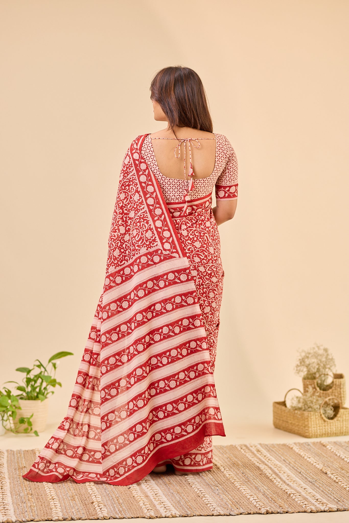 Maroon & Ivory Traditional Bagru Handblock Printed Mul Cotton Saree