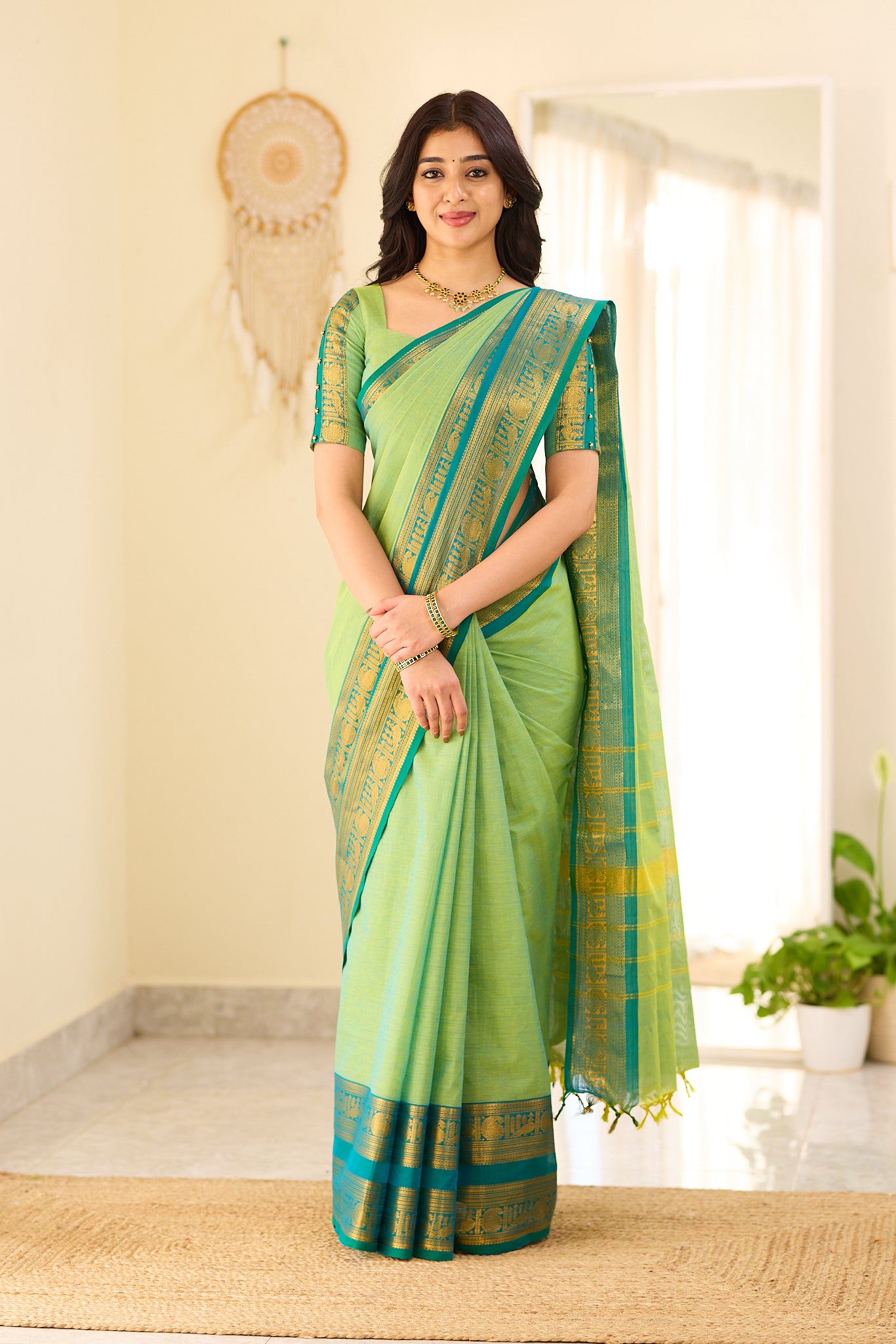 Meadow Green With Deep Teal Blue border Chettinad Cotton Saree