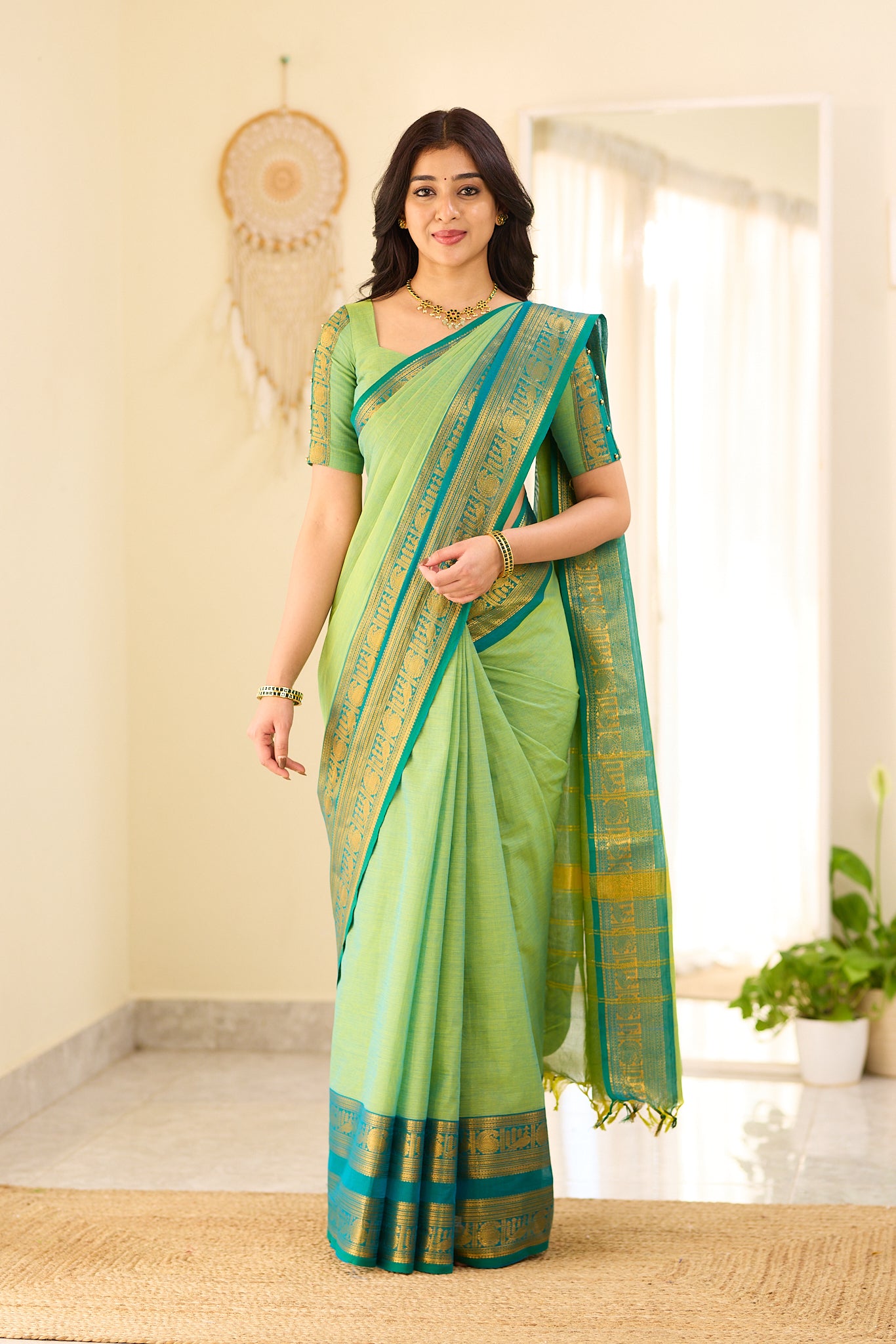 Meadow Green With Deep Teal Blue border Chettinad Cotton Saree