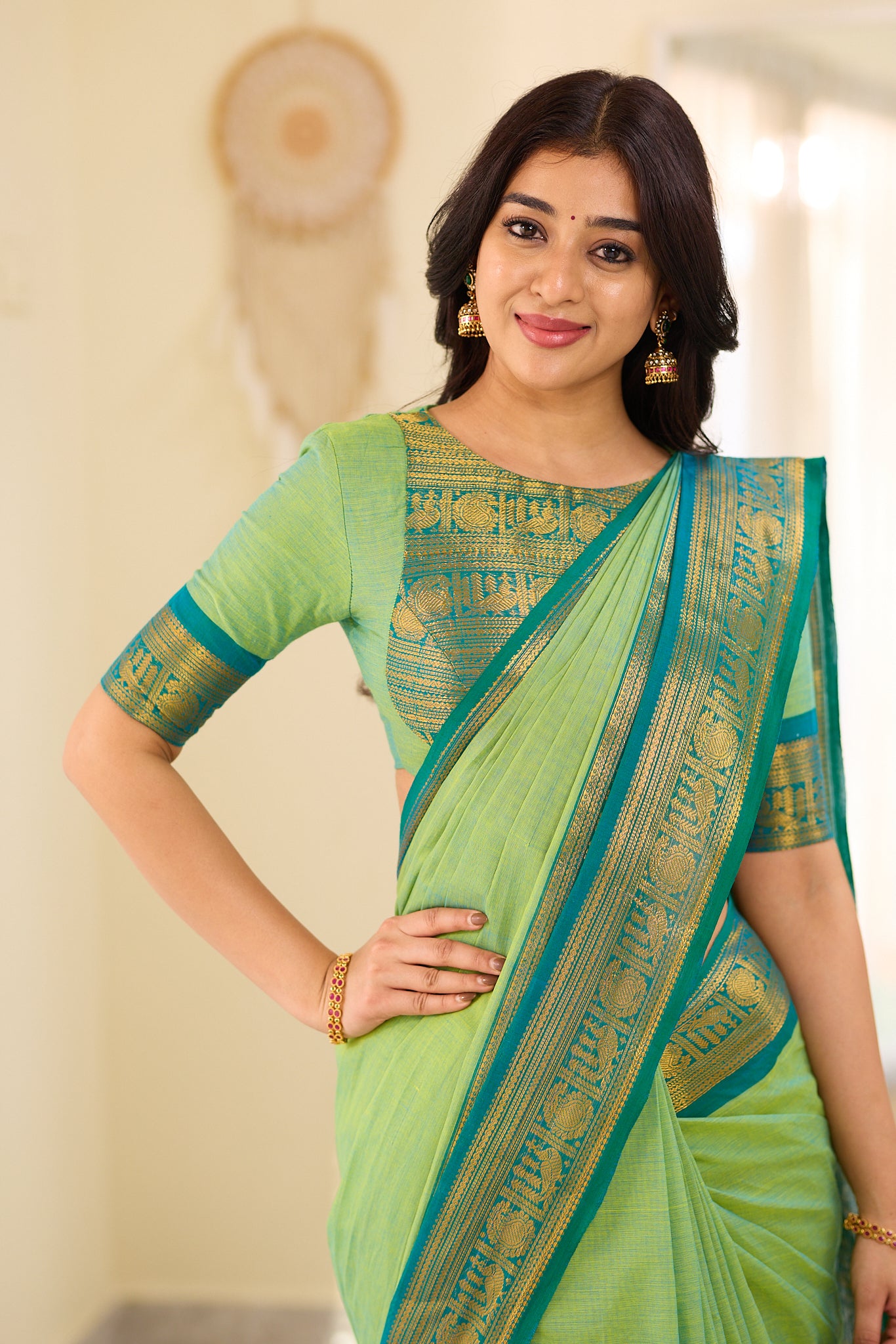 Meadow Green With Deep Teal Blue border Chettinad Cotton Saree