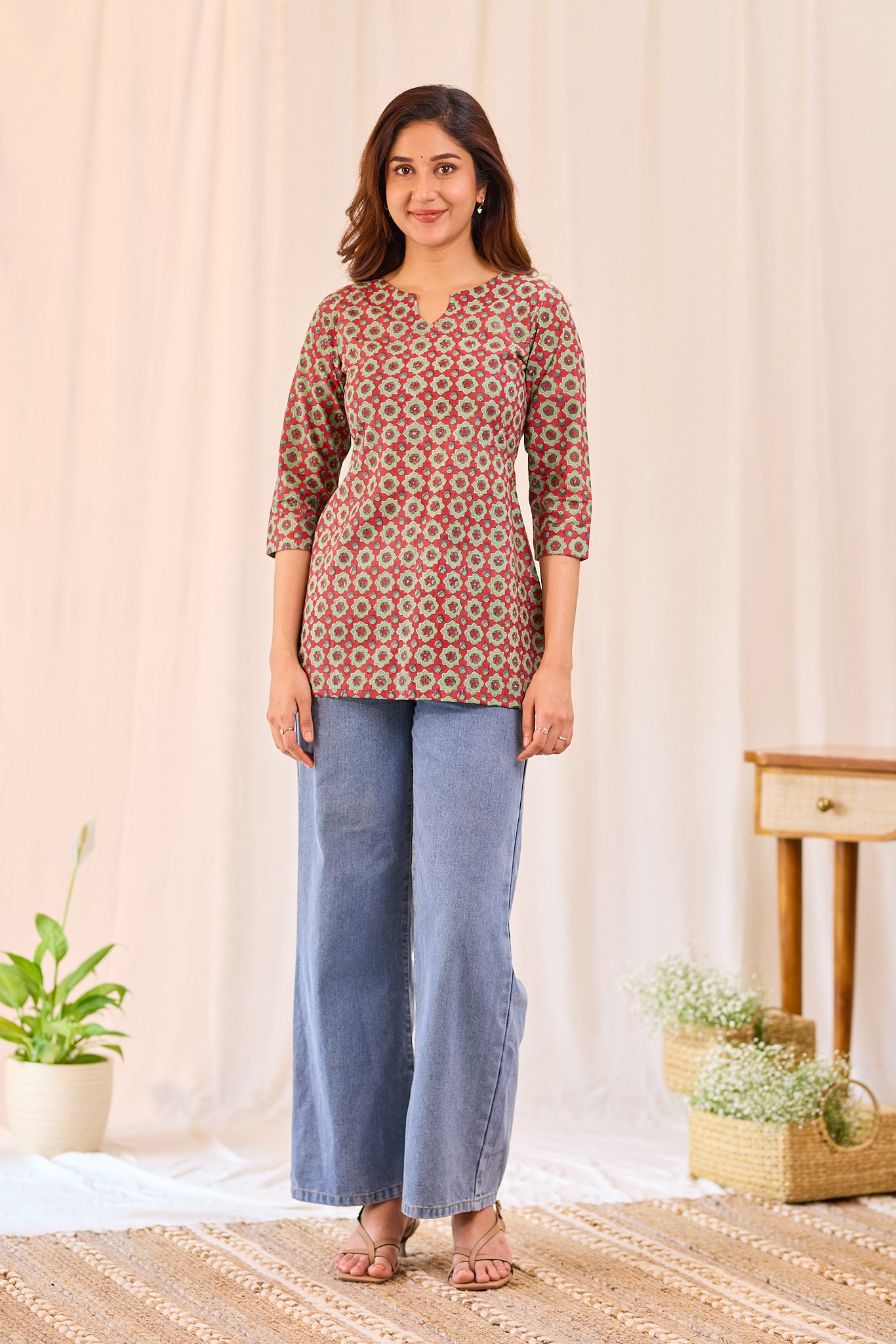 Mehndi Red Printed Cotton Short Kurti