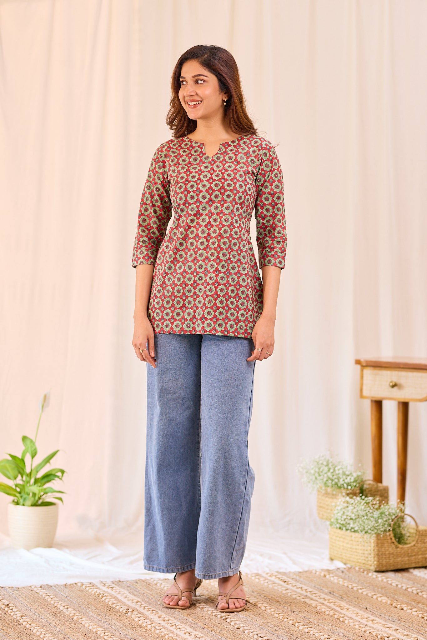 Mehndi Red Printed Cotton Short Kurti