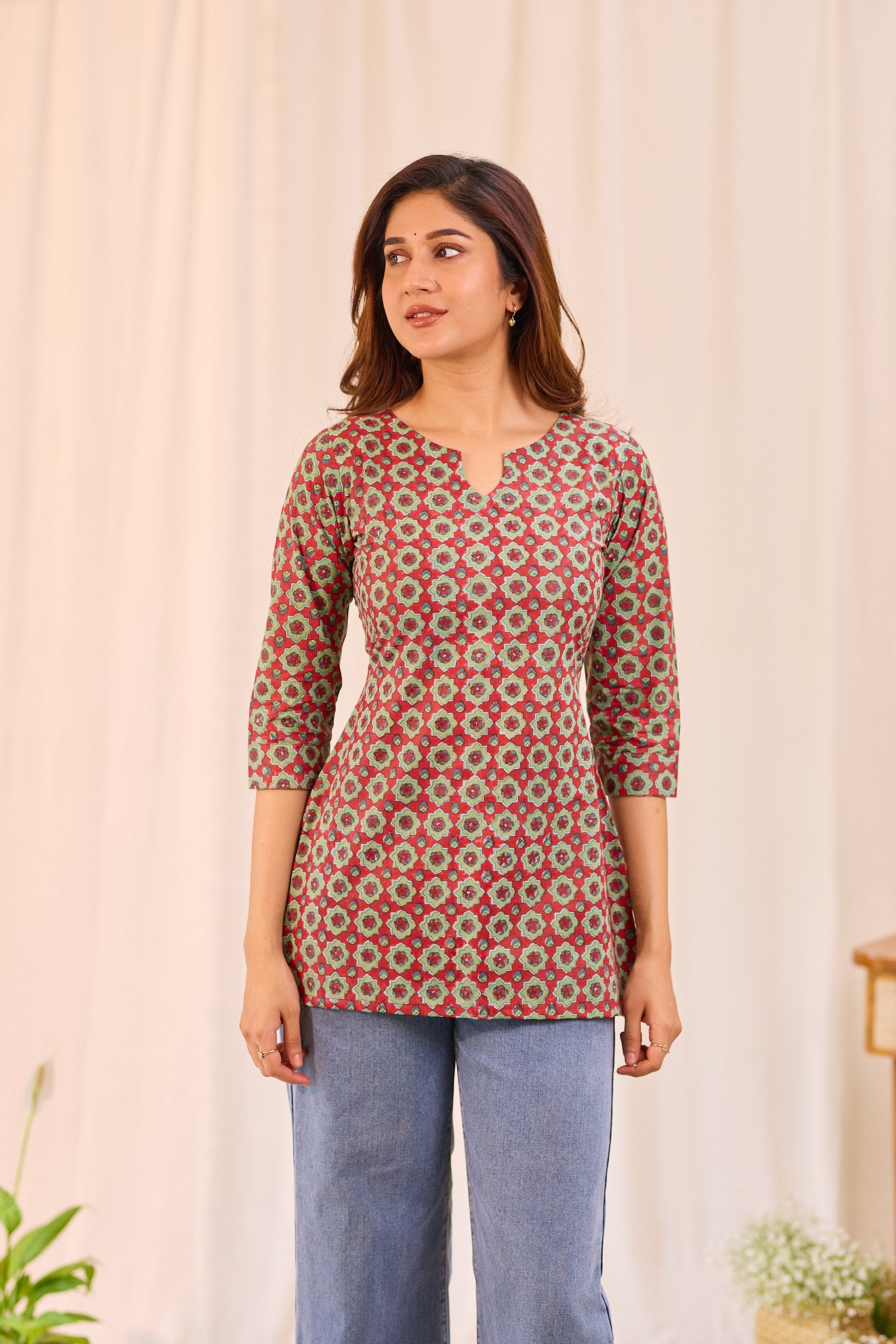 Mehndi Red Printed Cotton Short Kurti