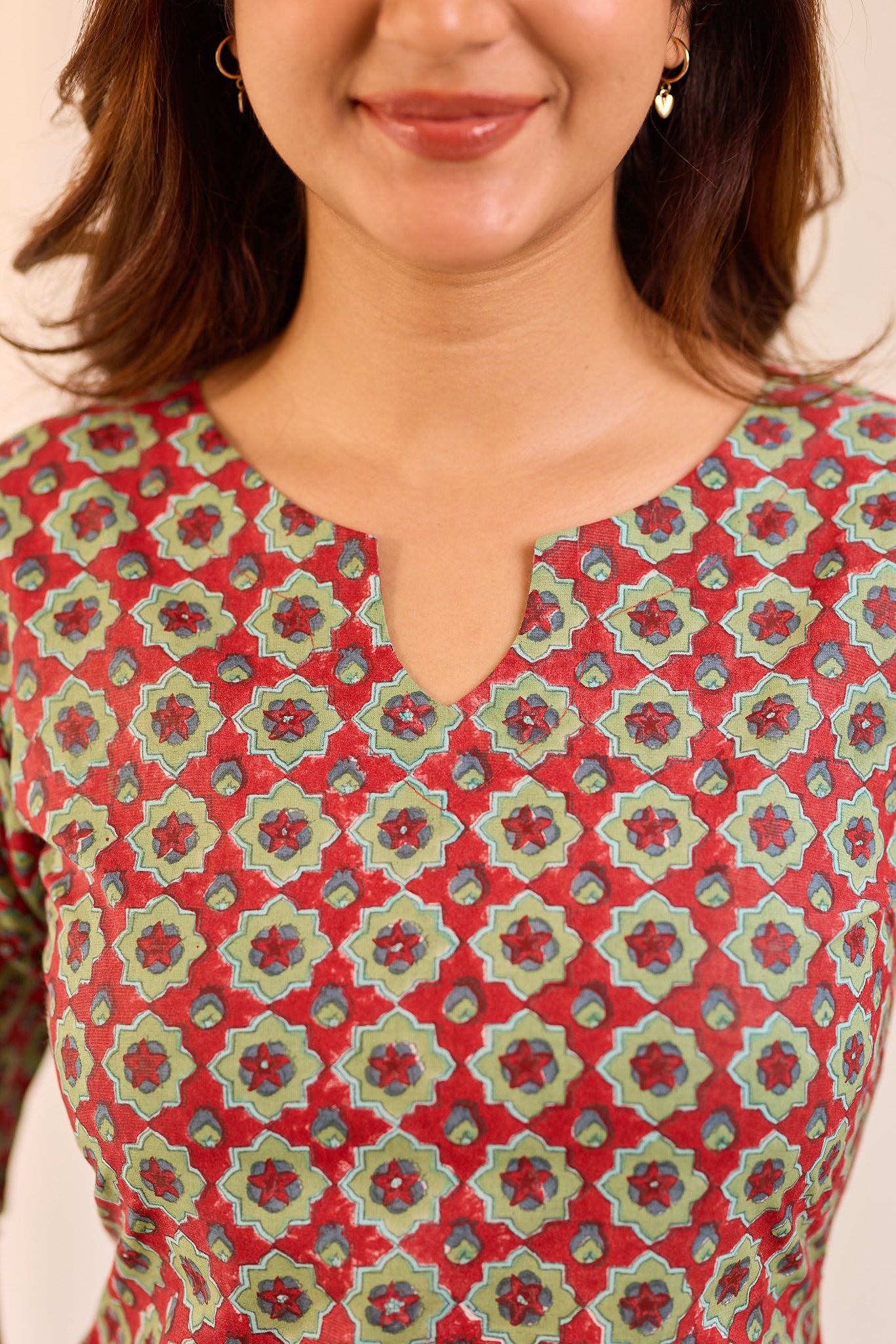 Mehndi Red Printed Cotton Short Kurti