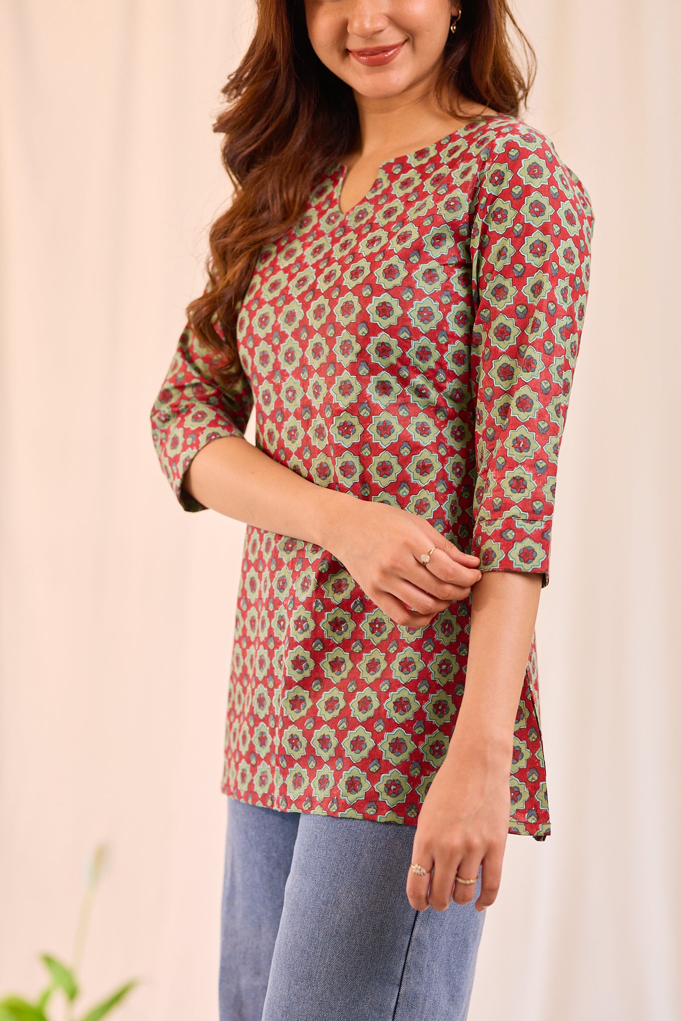 Mehndi Red Printed Cotton Short Kurti