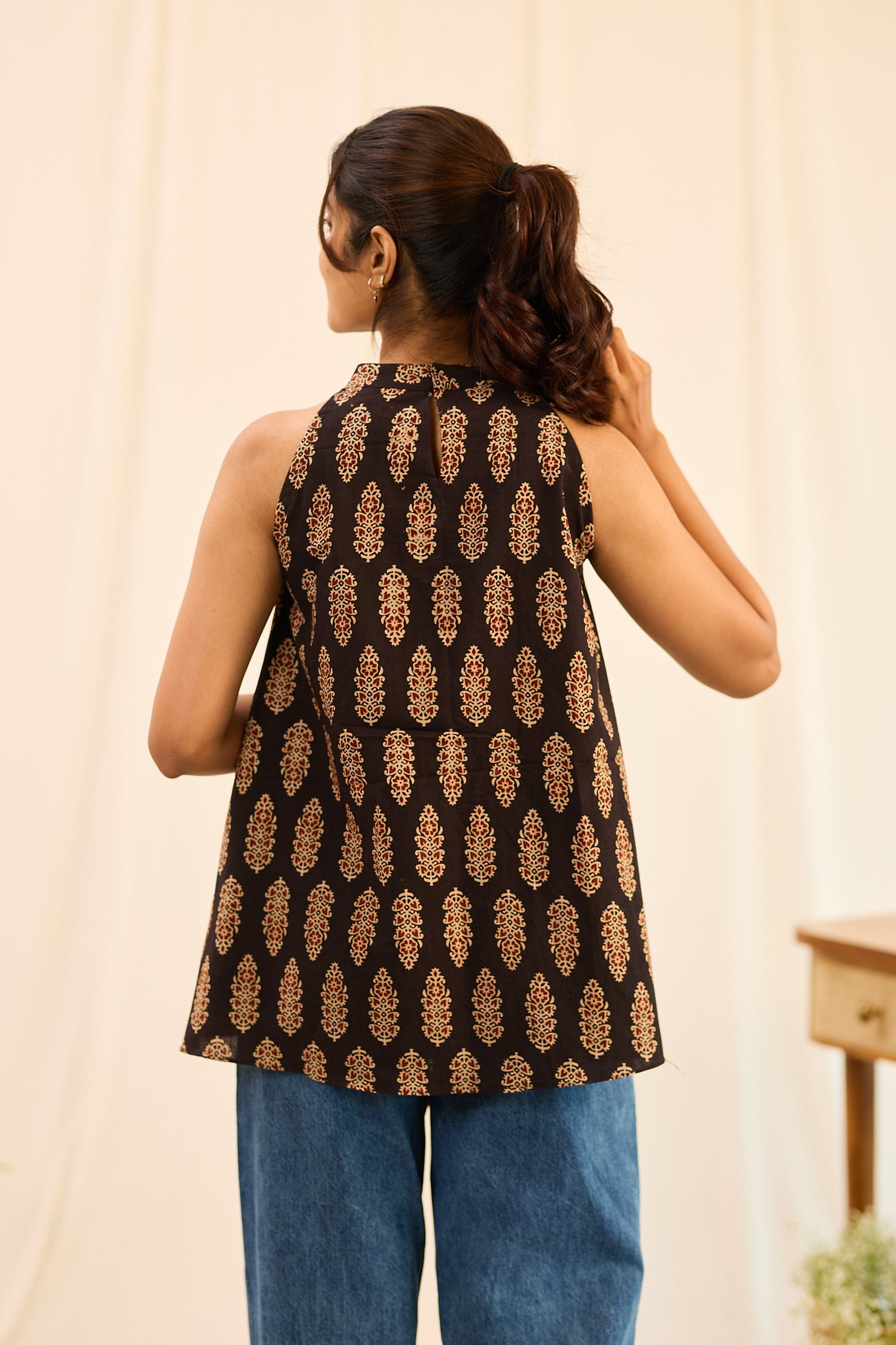 Midnight Black Halter - Neck Sleeveless  Printed Cotton Short Kurti