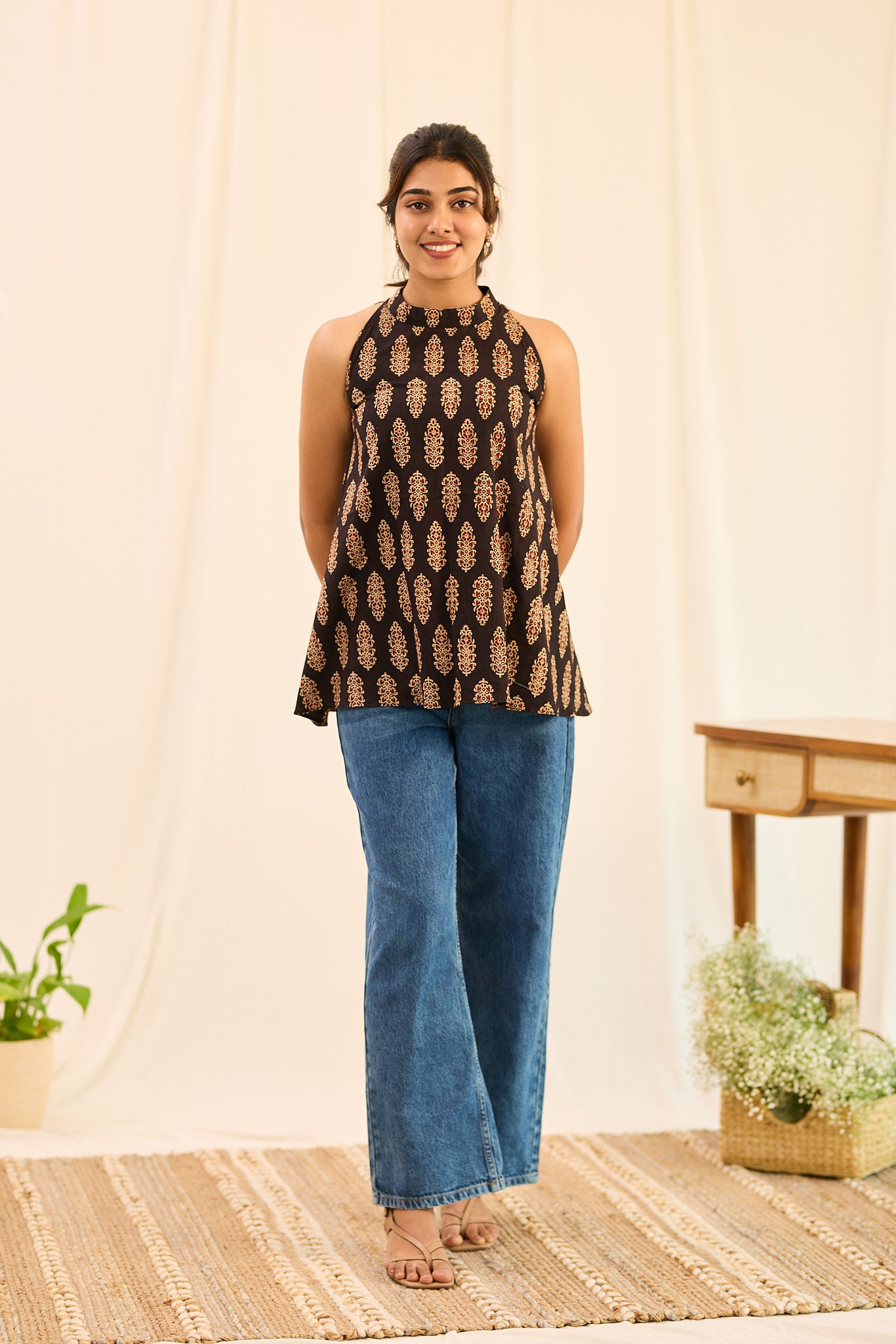 Midnight Black Halter - Neck Sleeveless  Printed Cotton Short Kurti