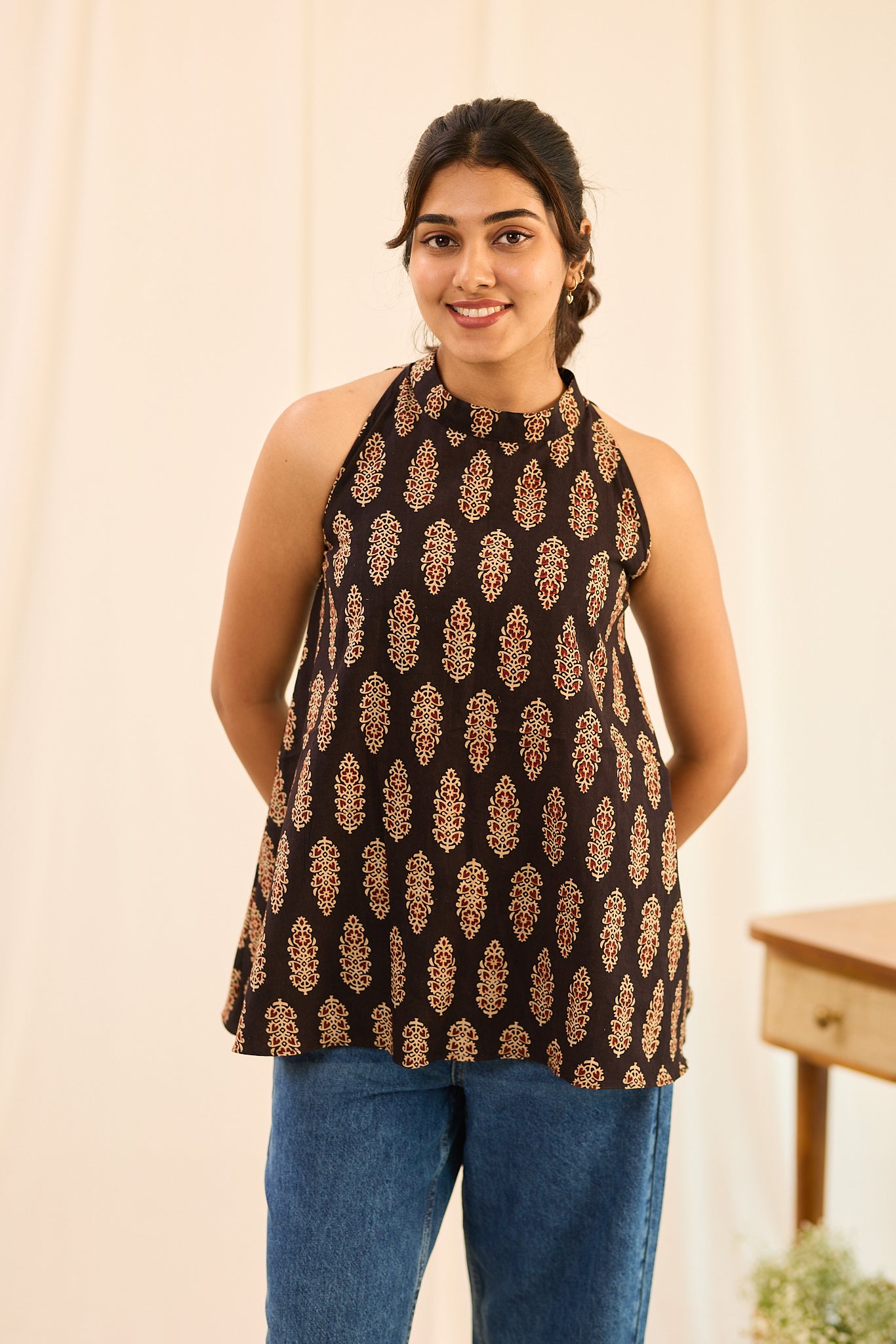 Midnight Black Halter - Neck Sleeveless  Printed Cotton Short Kurti