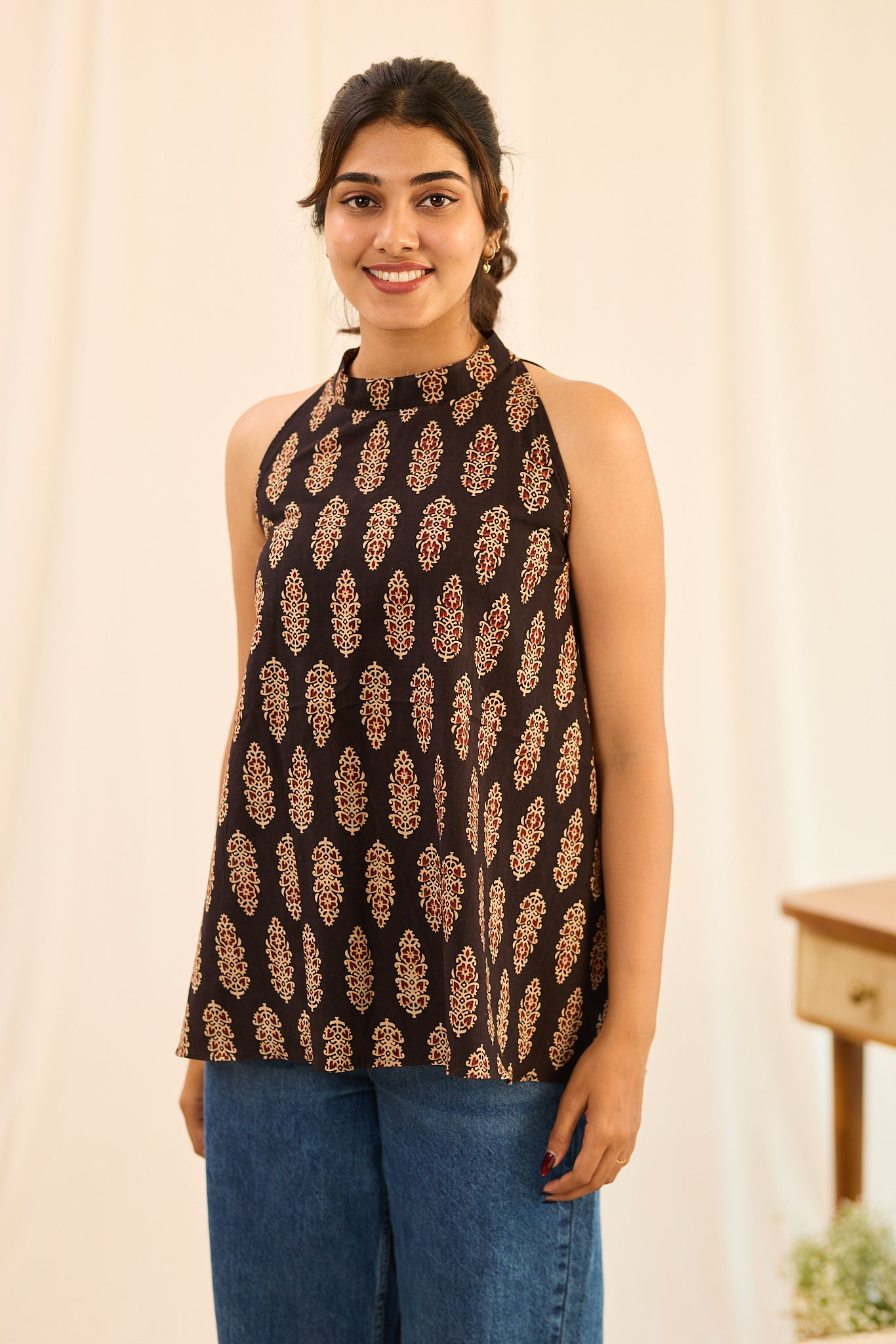 Midnight Black Halter - Neck Sleeveless  Printed Cotton Short Kurti