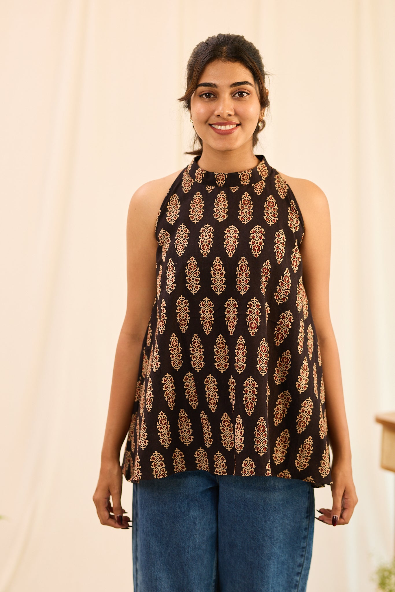 Midnight Black Halter - Neck Sleeveless  Printed Cotton Short Kurti