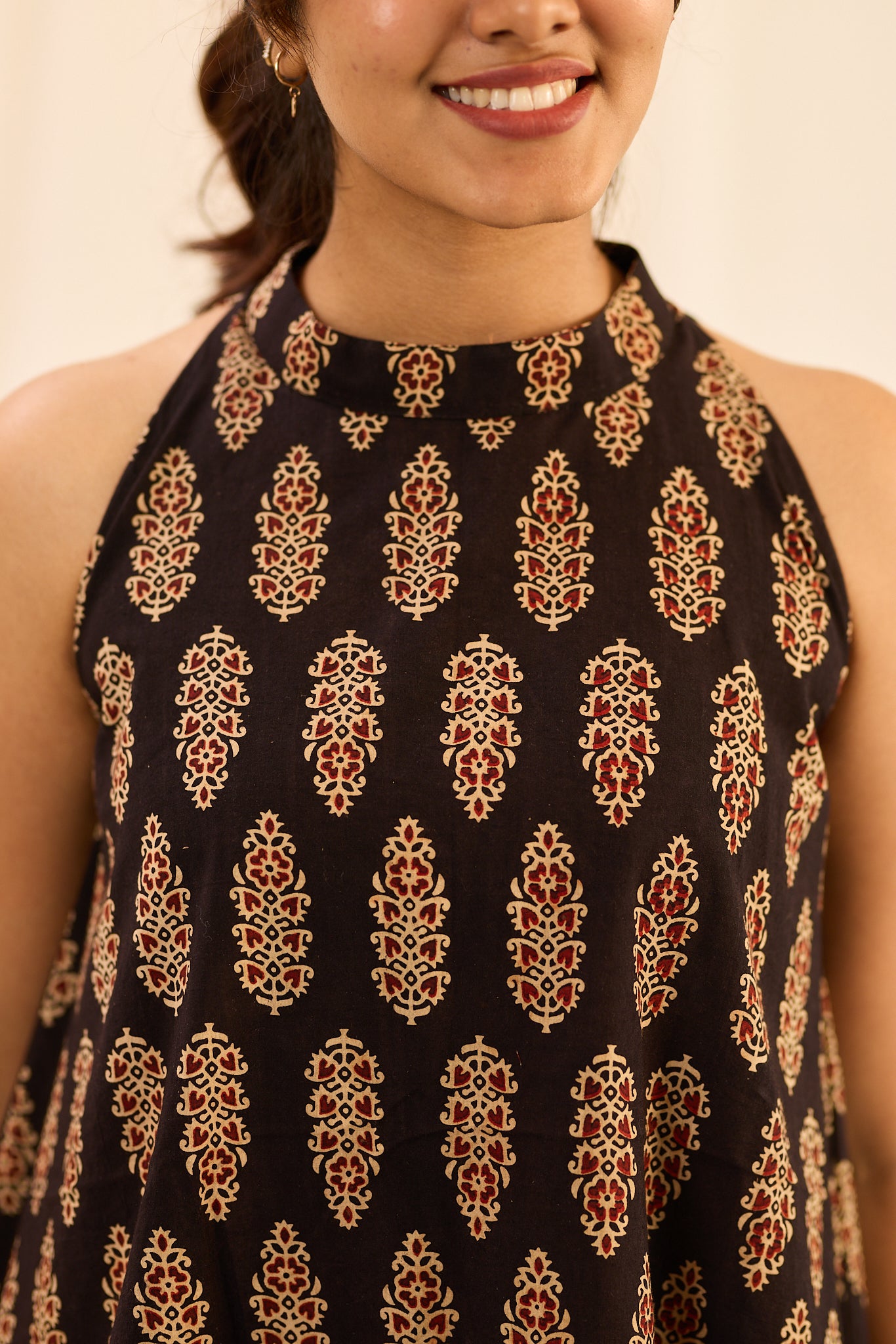 Midnight Black Halter - Neck Sleeveless  Printed Cotton Short Kurti