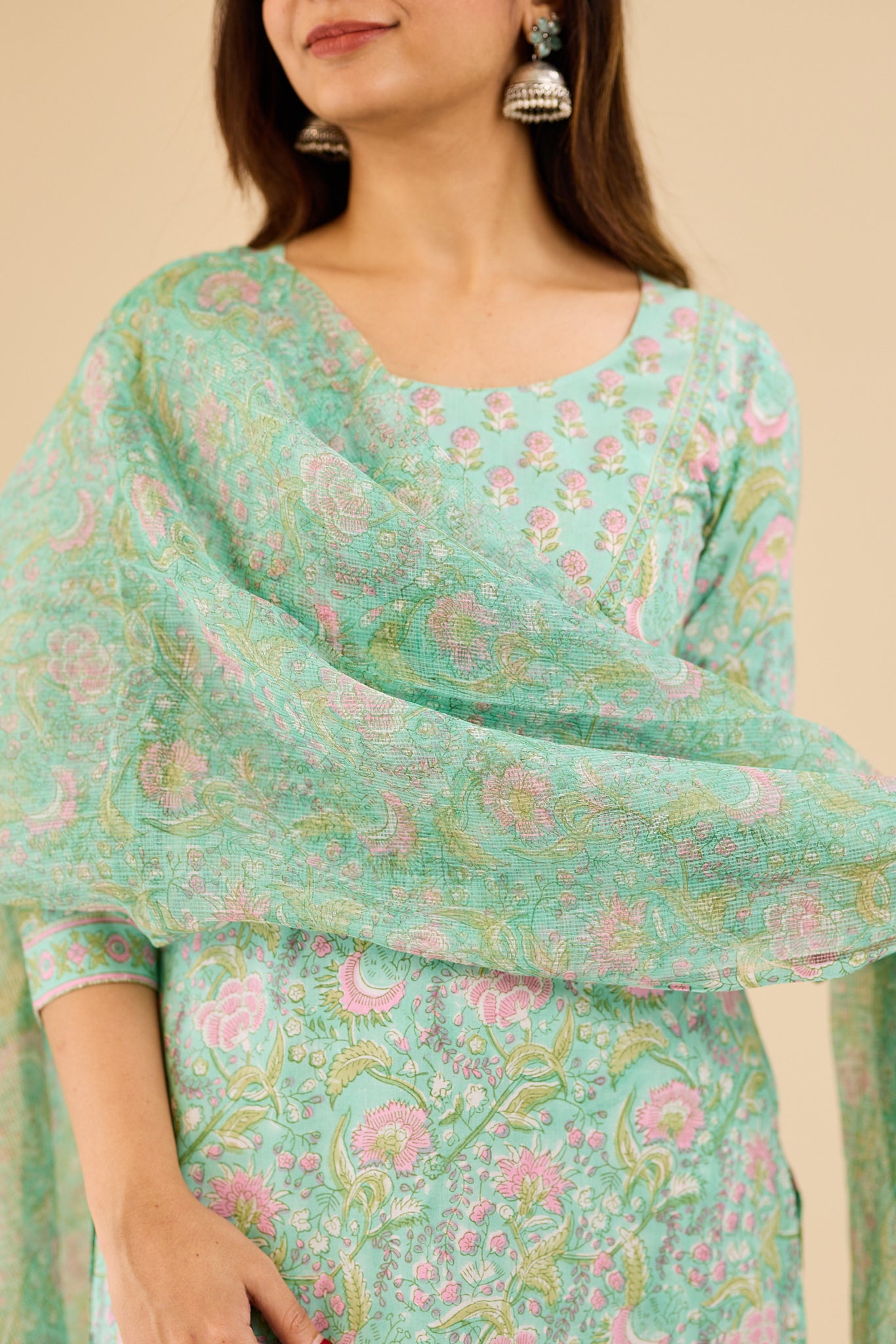 Mint Blossom with blush pink floral block printed Cotton Salwar Suit-Set with Kota Dupatta