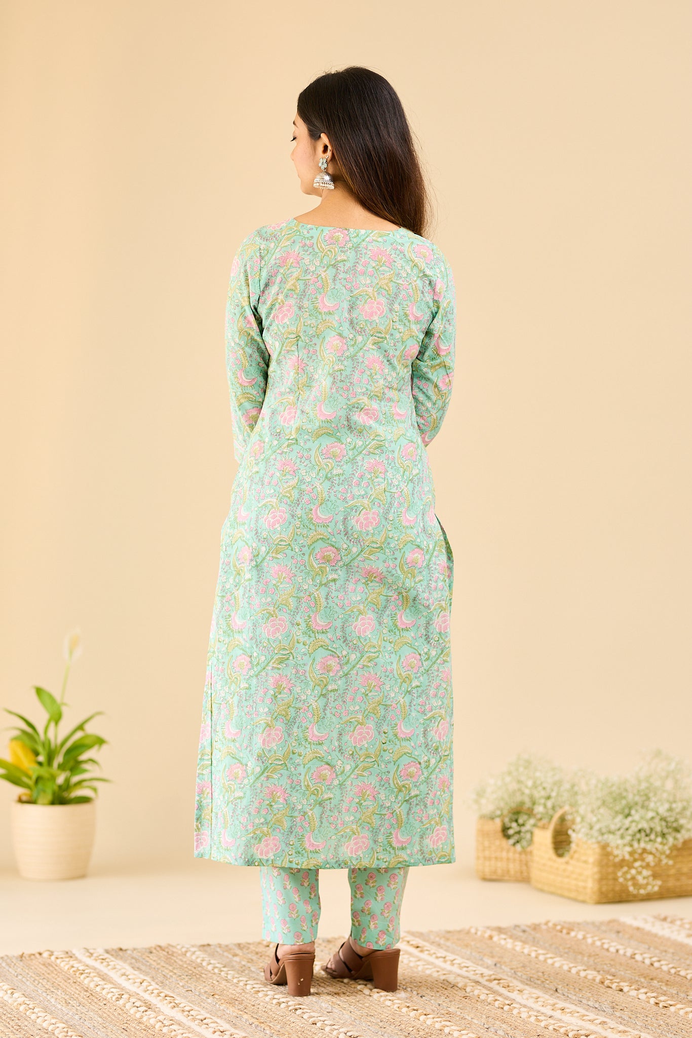 Mint Blossom with blush pink floral block printed Cotton Salwar Suit-Set with Kota Dupatta
