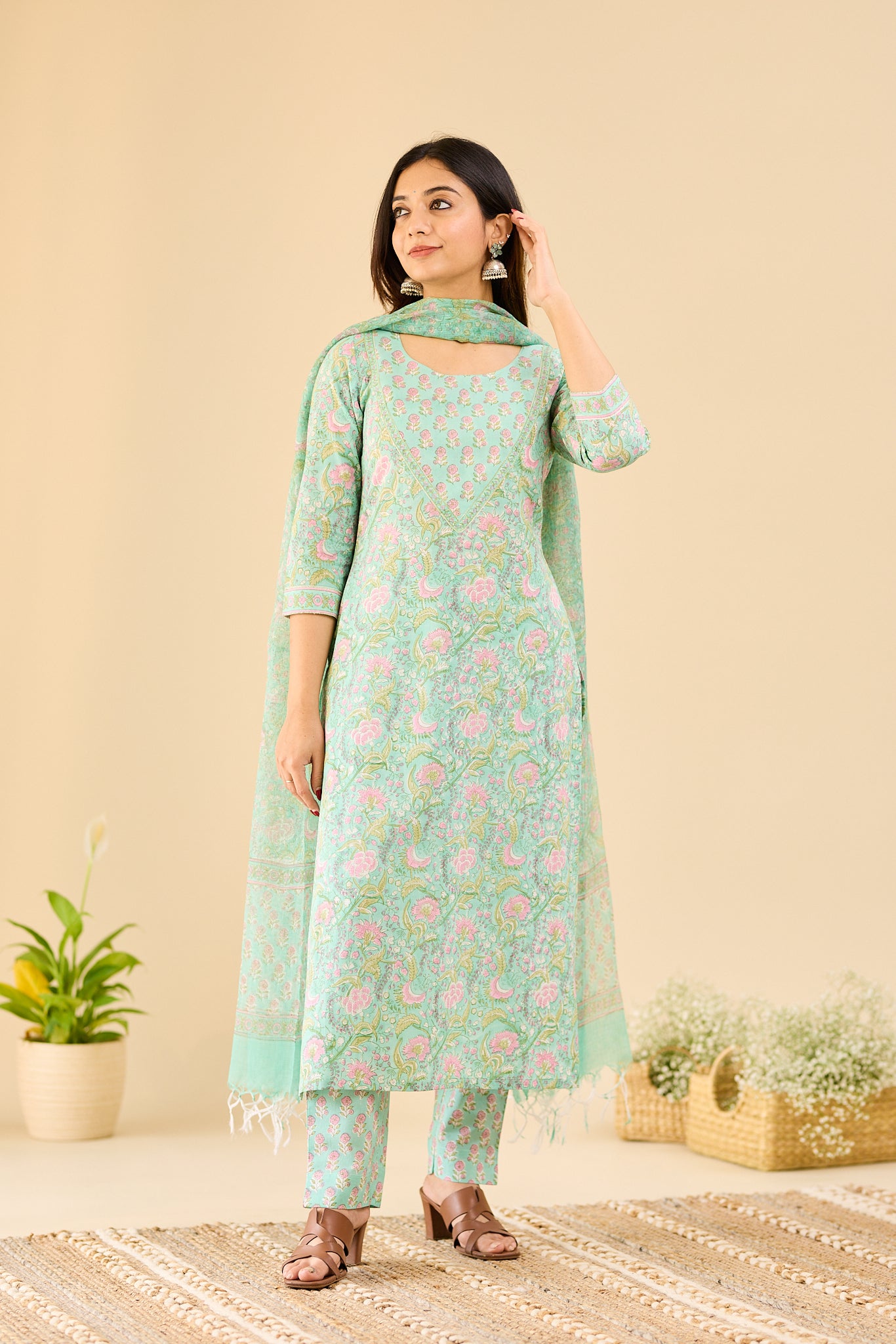 Mint Blossom with blush pink floral block printed Cotton Salwar Suit-Set with Kota Dupatta
