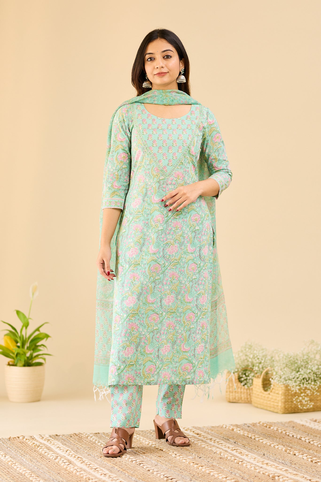 Mint Blossom with blush pink floral block printed Cotton Salwar Suit-Set with Kota Dupatta