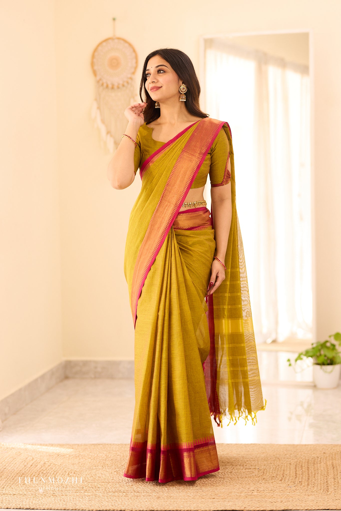 Miss Green Chettinad Cotton Saree with Pink Zari Border