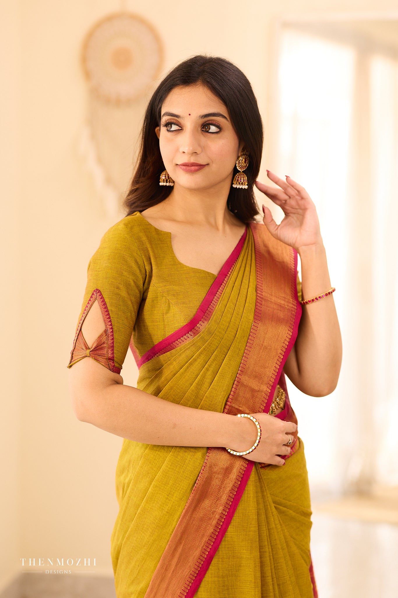 Moss Green Chettinad Cotton Saree with Pink Zari Border