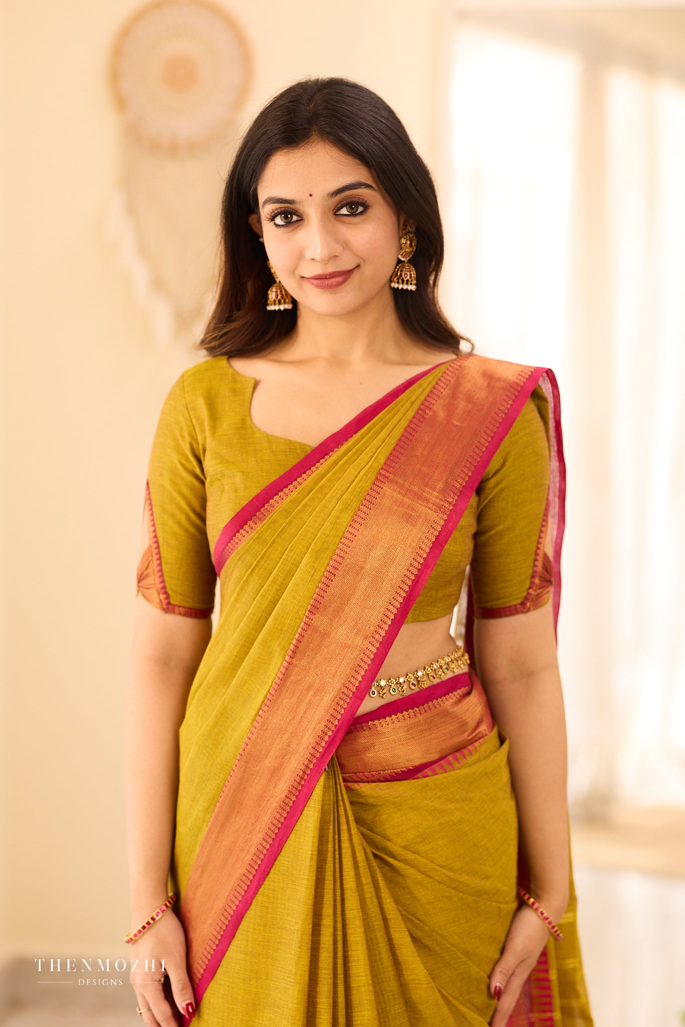 Moss Green Chettinad Cotton Saree with Pink Zari Border