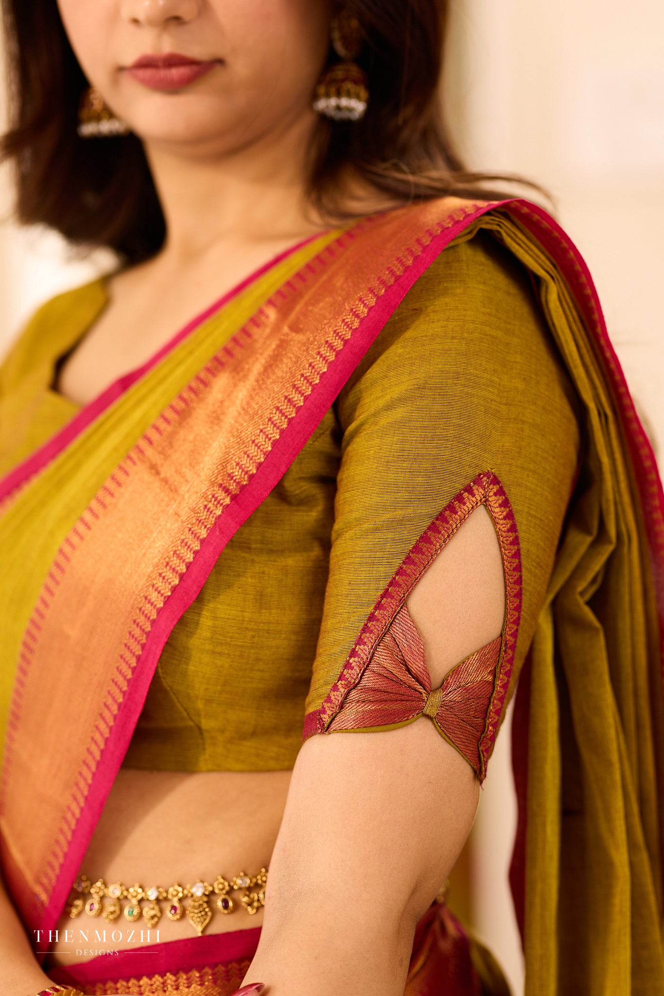 Moss Green Chettinad Cotton Saree with Pink Zari Border