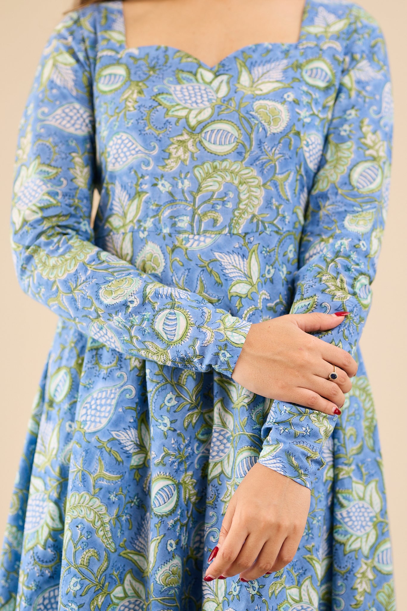 Misty Blue with Soft Green Floral printed Anarkali Suit-set with Kota Dupatta