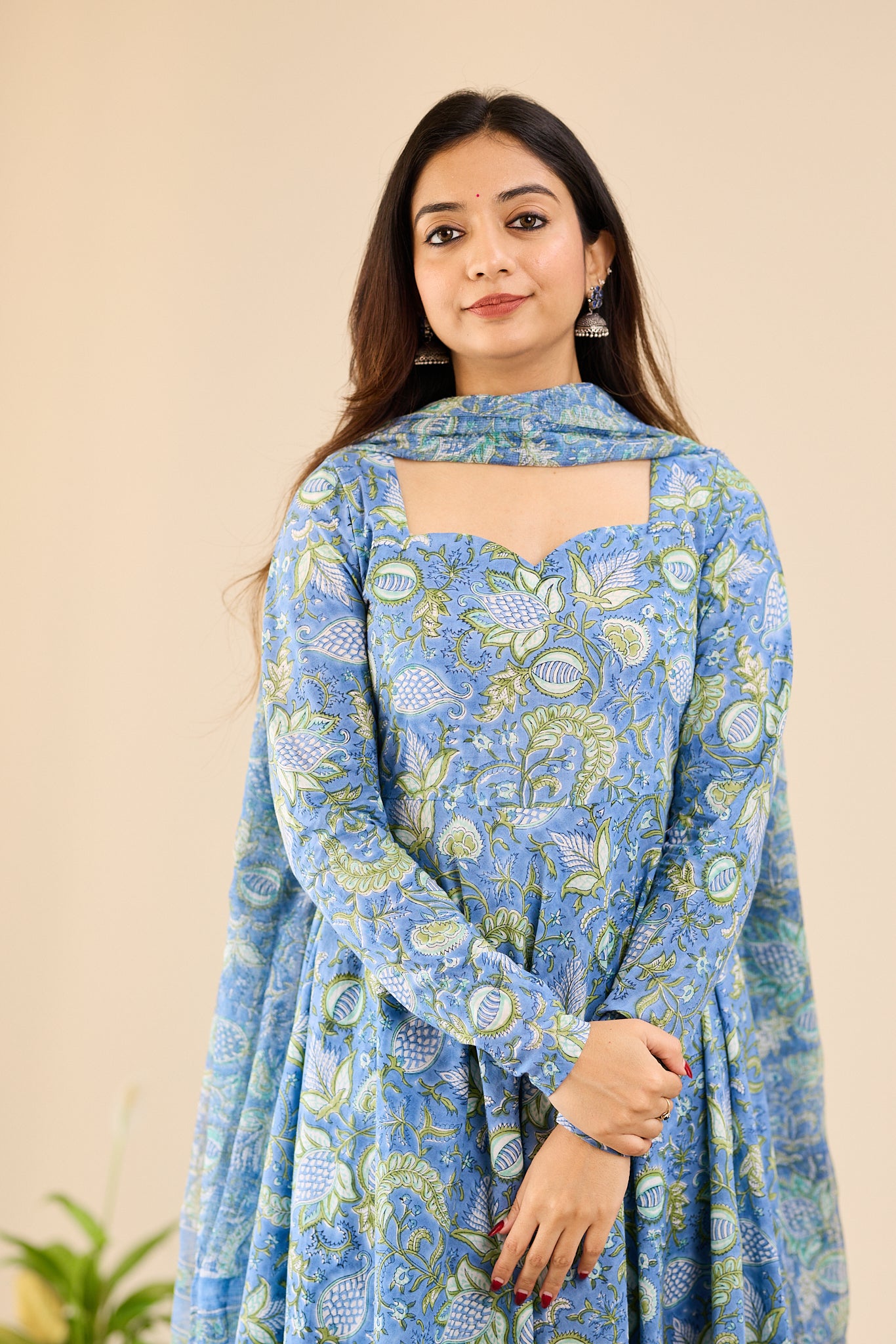Misty Blue with Soft Green Floral printed Anarkali Suit-set with Kota Dupatta