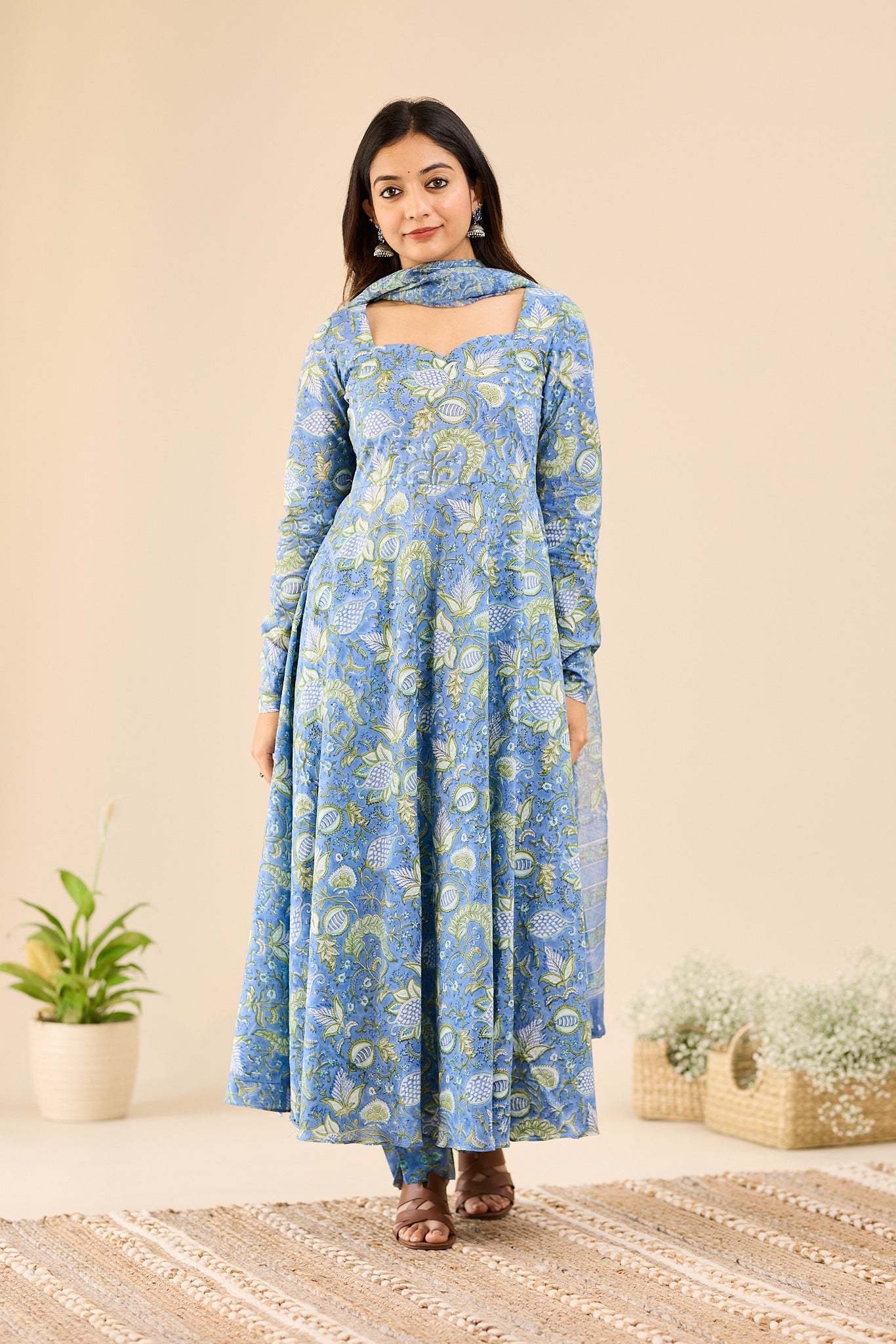Misty Blue with Soft Green Floral printed Anarkali Suit-set with Kota Dupatta