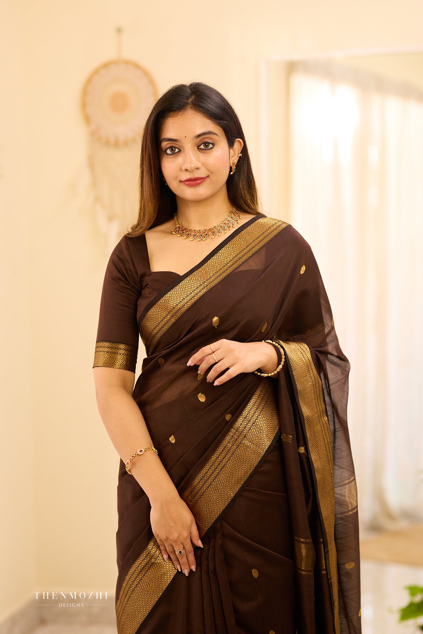 Mocha Brown Maheshwari silk cotton saree