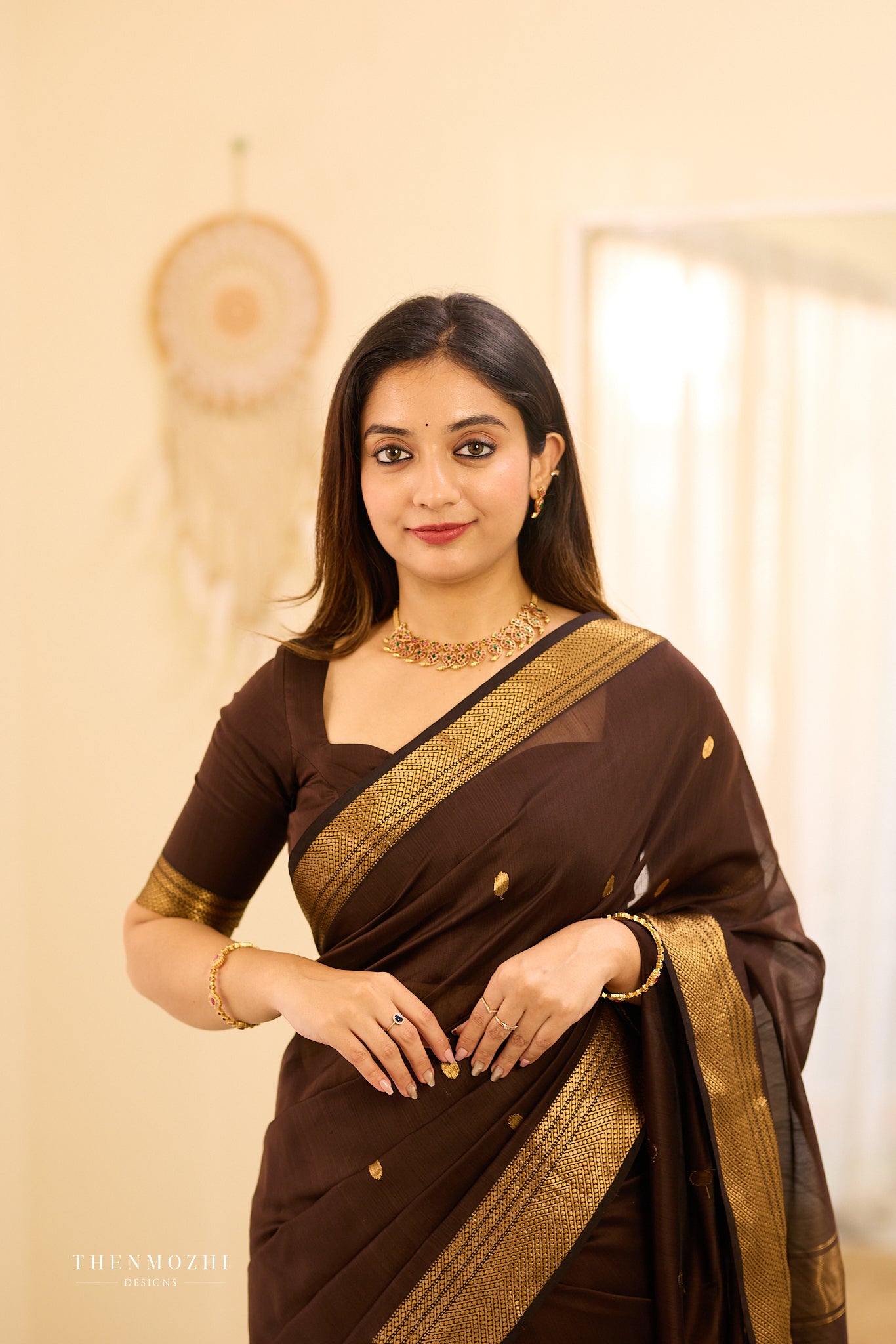 Mocha Brown Maheshwari silk cotton saree