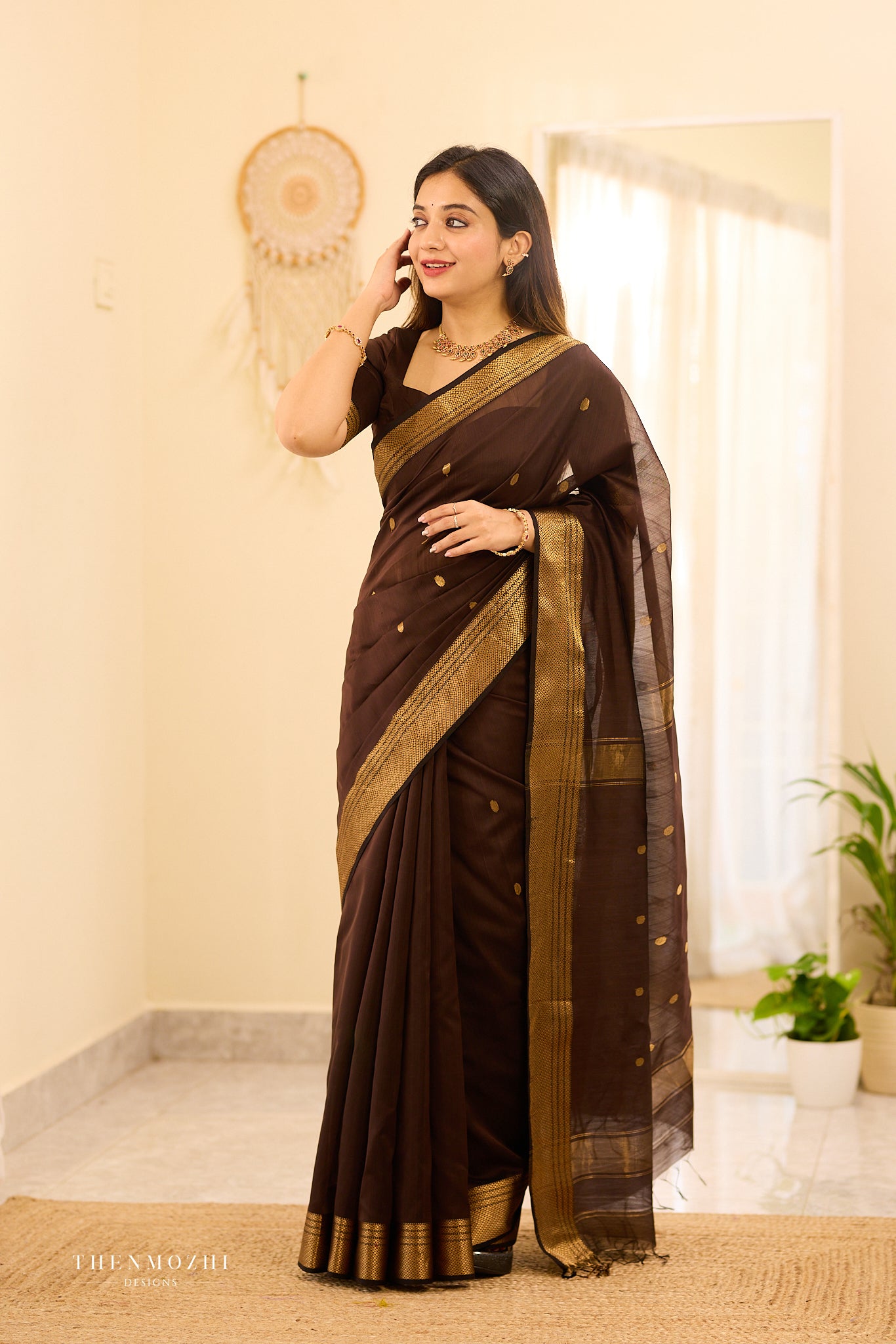 Mocha Brown Maheshwari silk cotton saree
